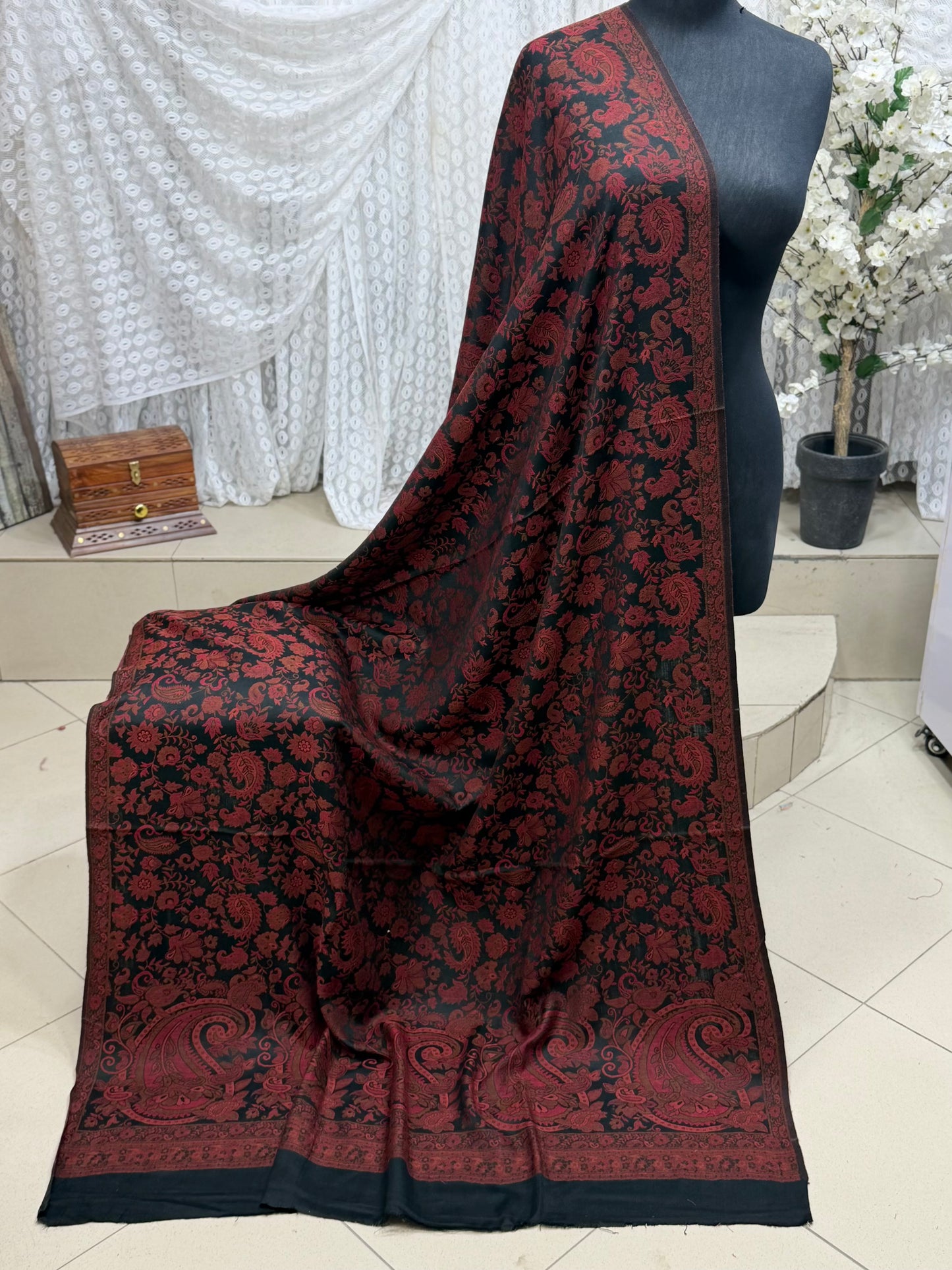 Pashmina Wool Kani Border Shawl in Full Size 4 Side Border | Black