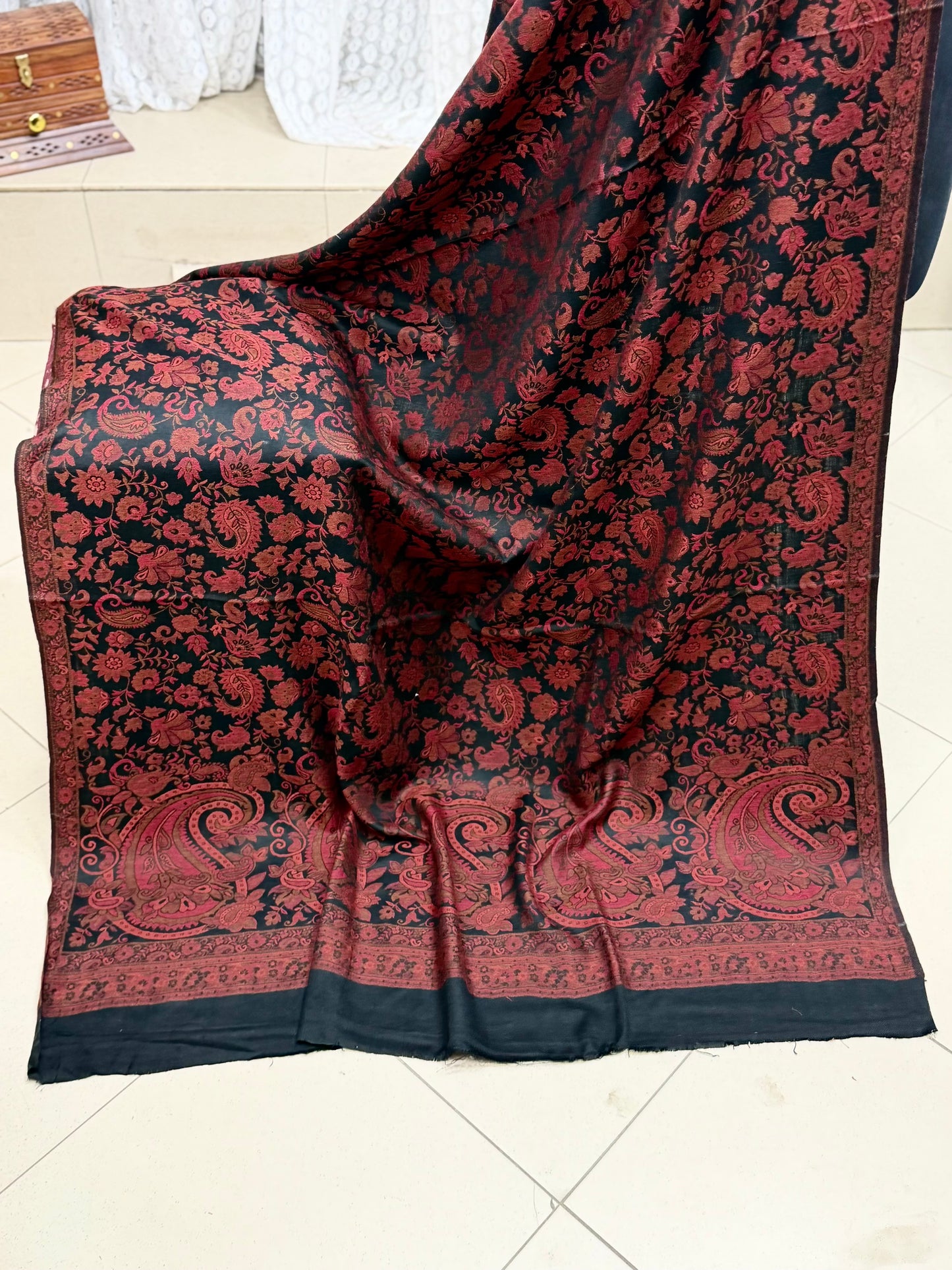 Pashmina Wool Kani Border Shawl in Full Size 4 Side Border | Black