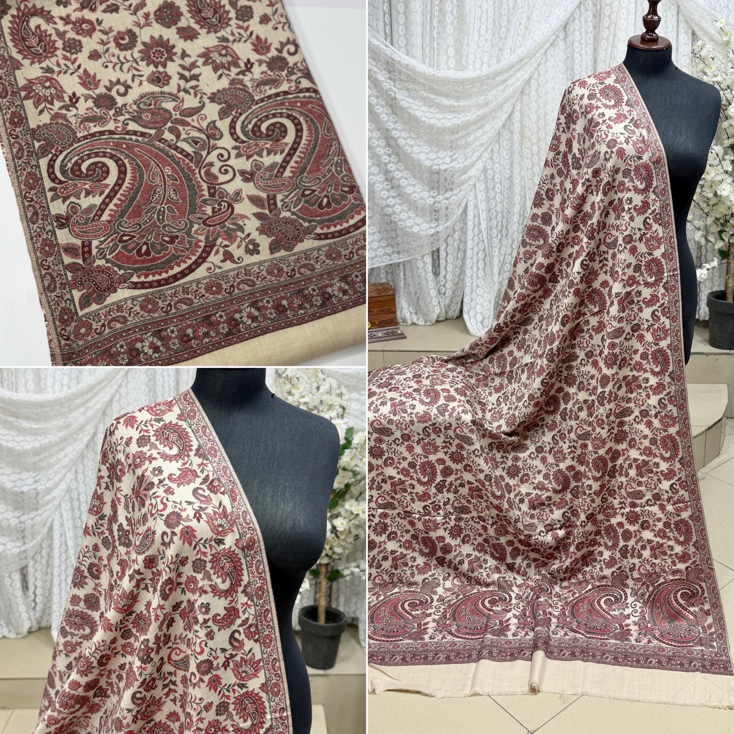 Pashmina Wool Kani Border Shawl in Full Size 4 Side Border | Skin