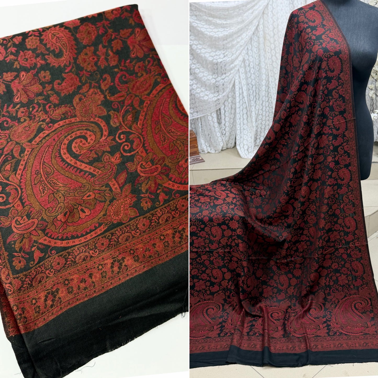 Pashmina Wool Kani Border Shawl in Full Size 4 Side Border | Black