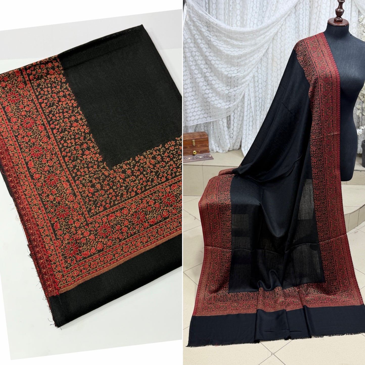 Pashmina Wool Kani Border Shawl in Full Size 4 Side Border | Black