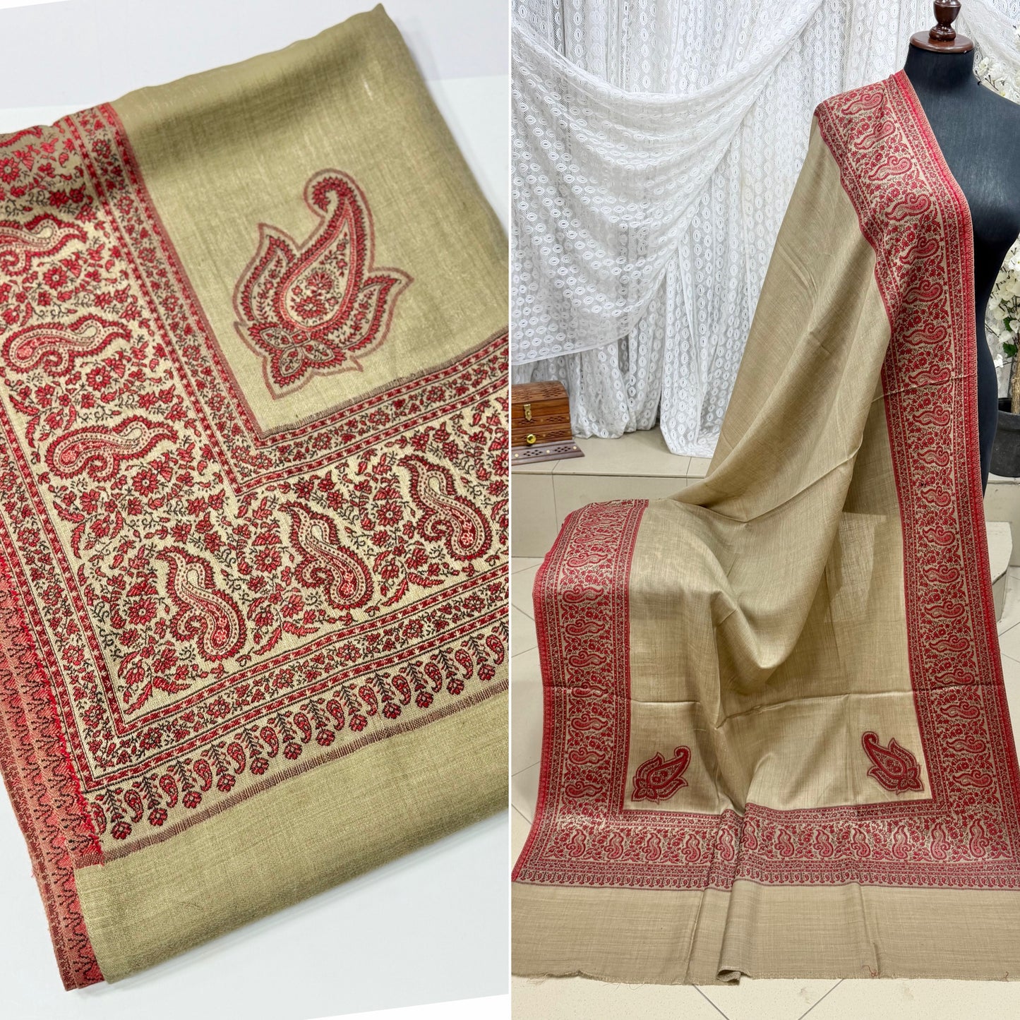 Pashmina Wool Kani Border Shawl in Full Size 4 Side Border | Skin
