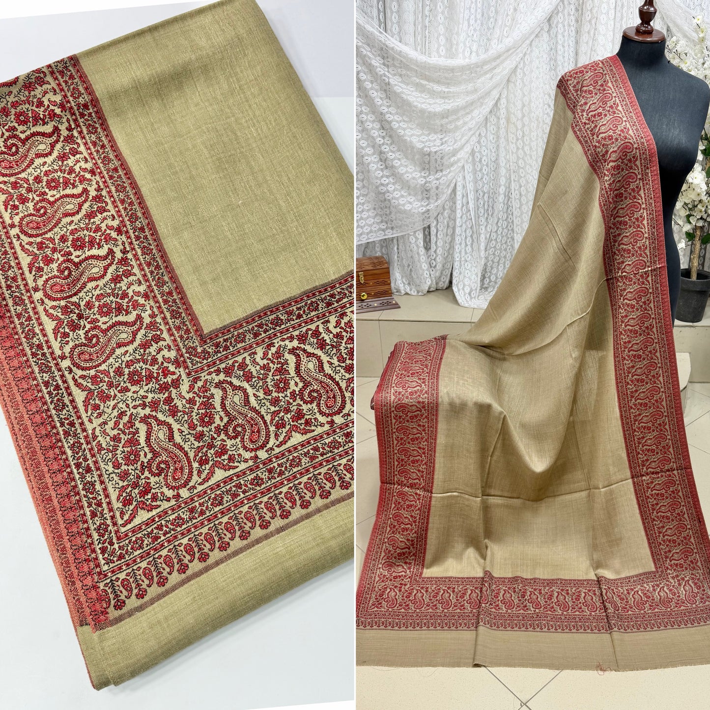 Pashmina Wool Kani Border Shawl in Full Size 4 Side Border | Skin