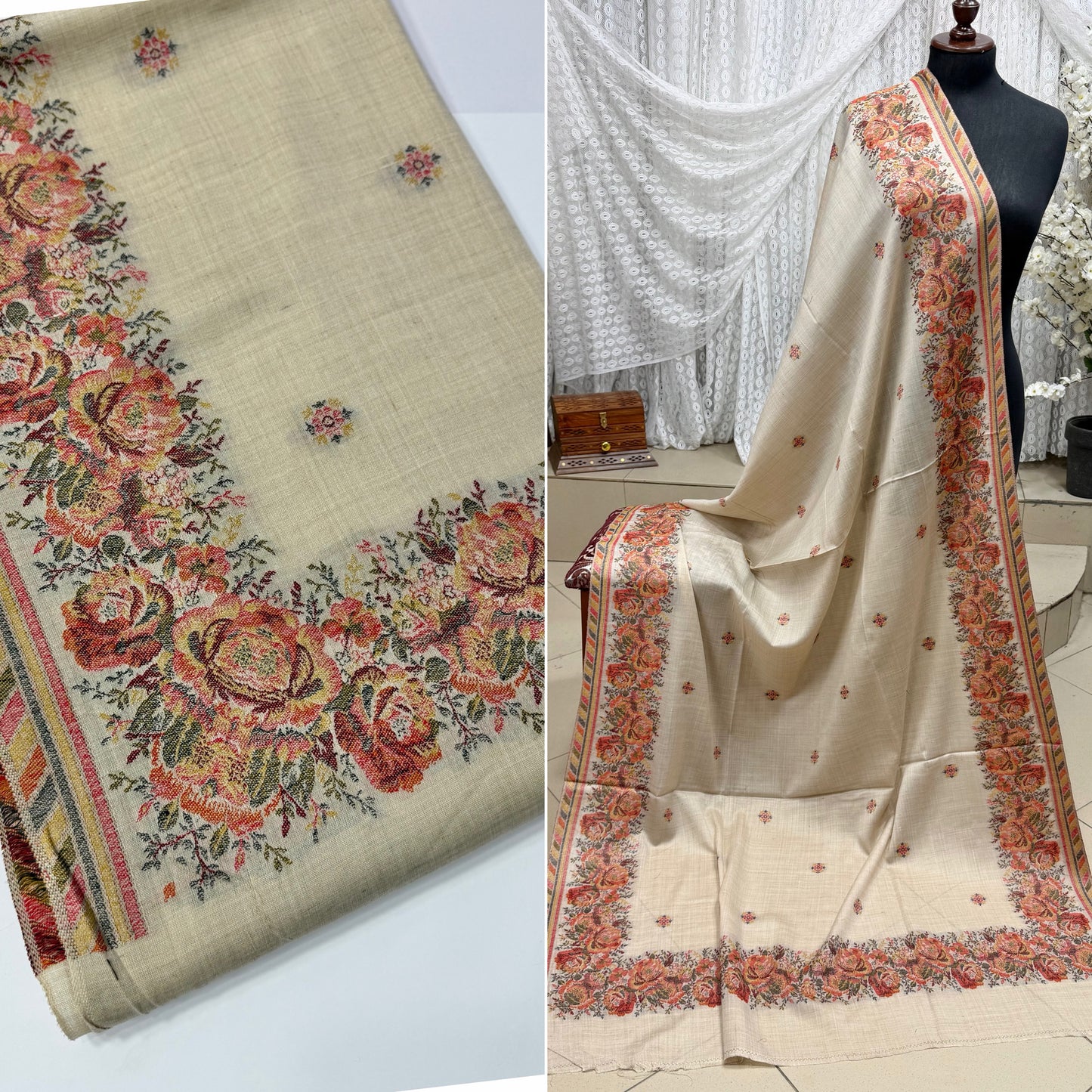 Pashmina Wool Kani Border Shawl in Full Size Gulabkar Border | Skin New
