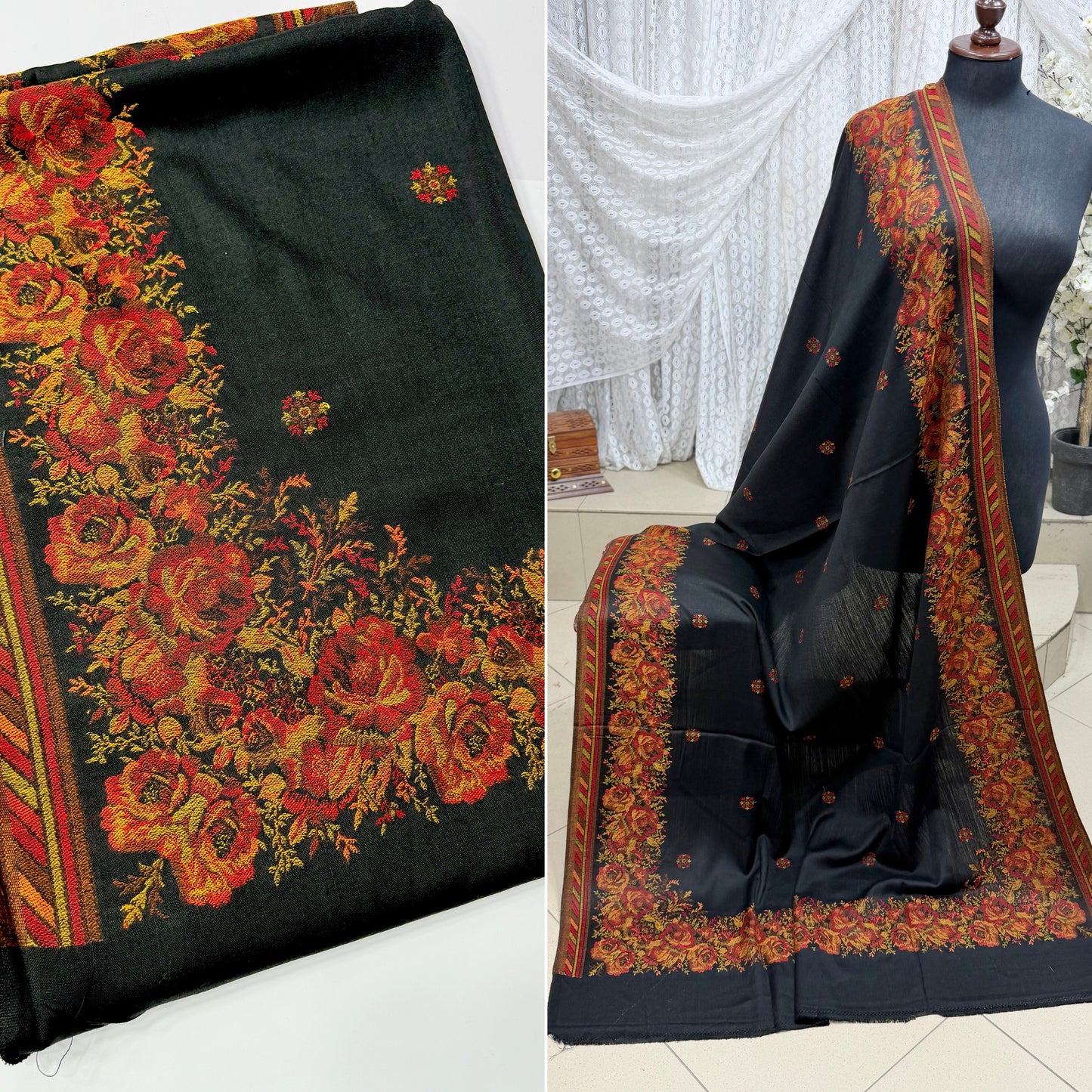 Pashmina Wool Kani Border Shawl in Full Size Gulabkar Border | Black New