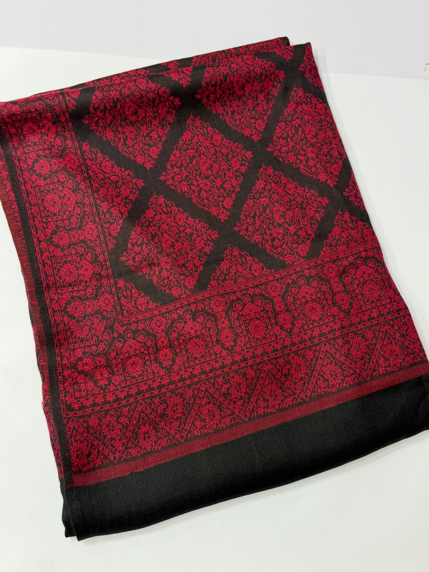 Pashmina Wool Kani Border Shawl in Full Size 4 Side Border | Black Jaal