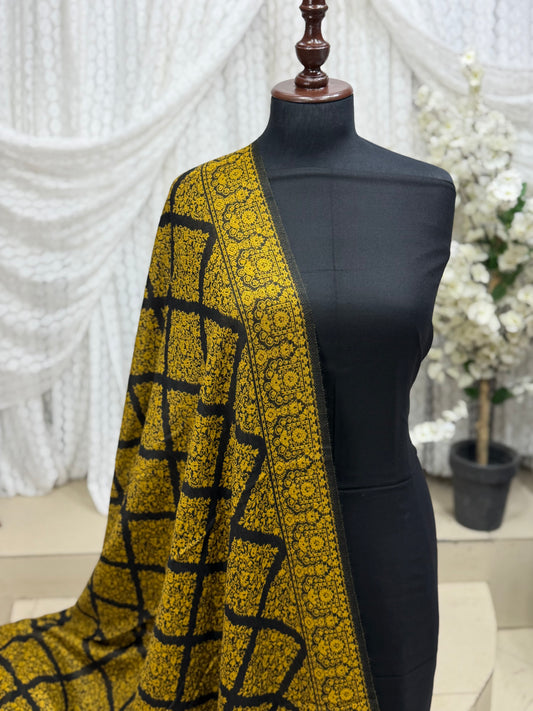 Pashmina Wool Kani Border Shawl in Full Size 4 Side Border | Mustard Jaal