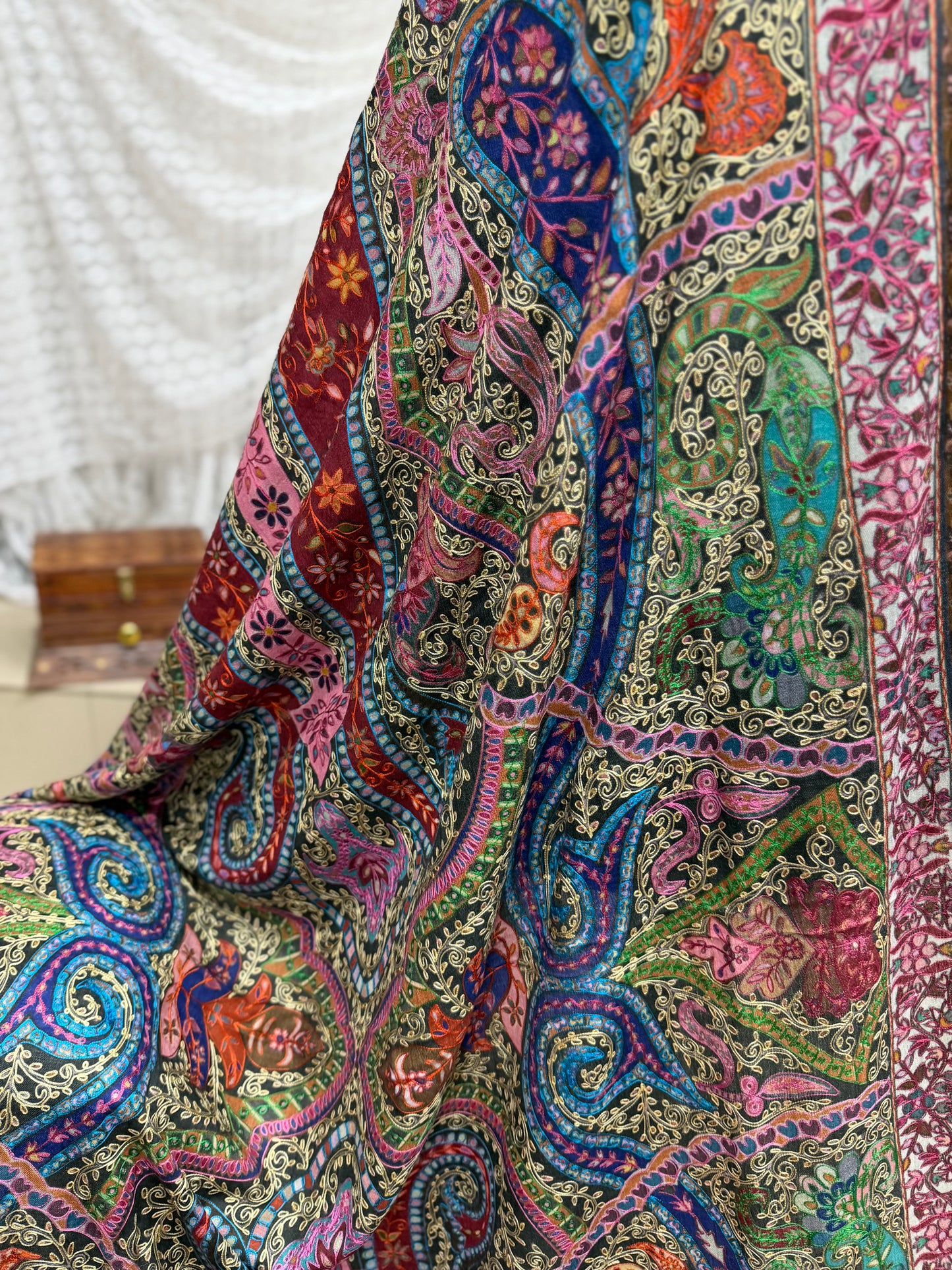 Qalamkar Shawl on Toosh Base | Made in Kashmir Multicolor Floral Design | Q109