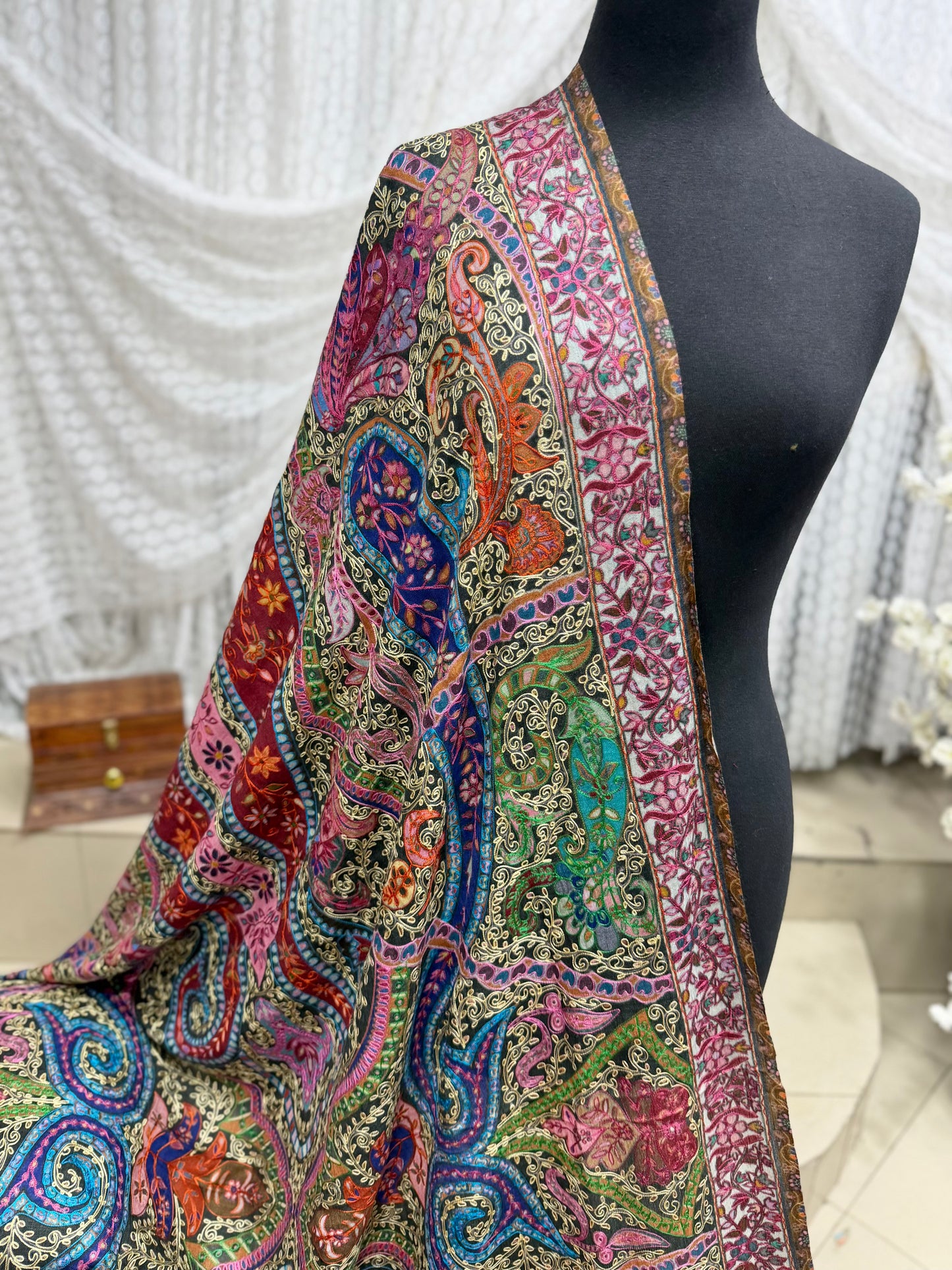 Qalamkar Shawl on Toosh Base | Made in Kashmir Multicolor Floral Design | Q109