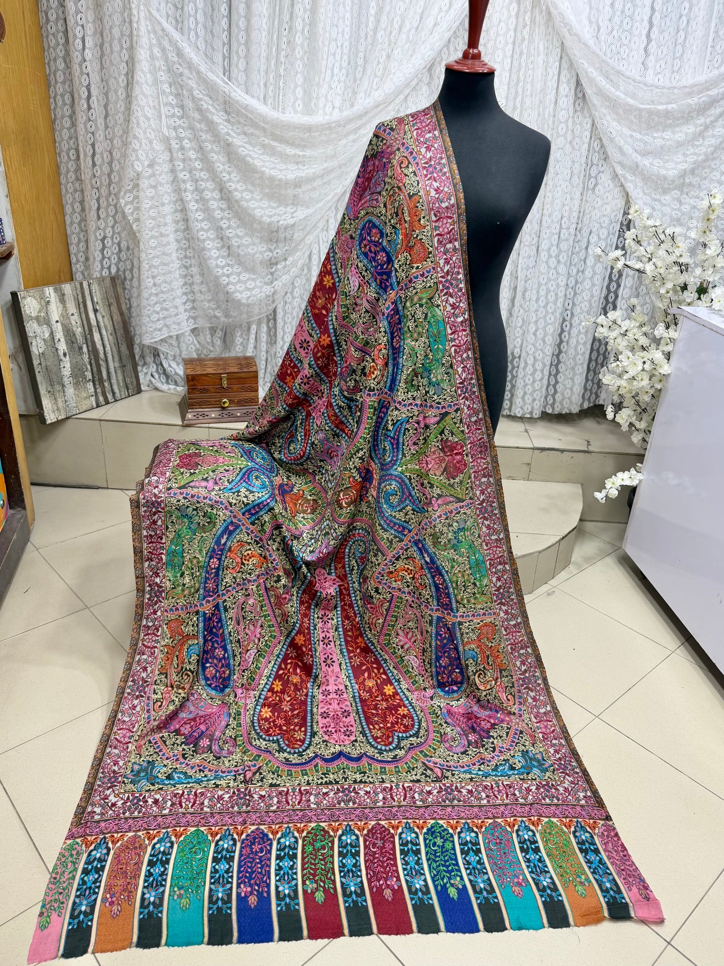 Qalamkar Shawl on Toosh Base | Made in Kashmir Multicolor Floral Design | Q109