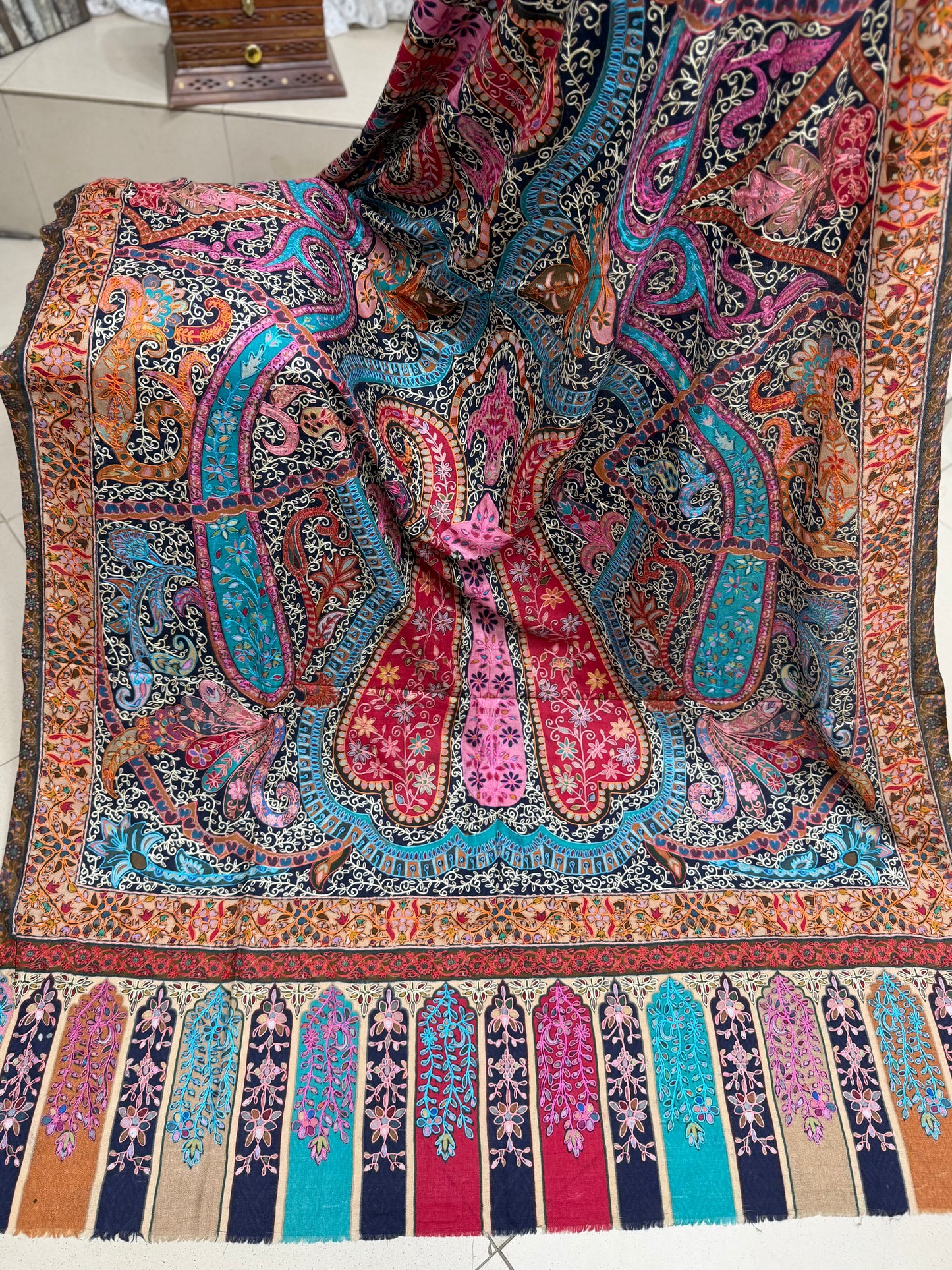 Qalamkar Shawl on Toosh Base | Made in Kashmir Multicolor Floral Design | Q106