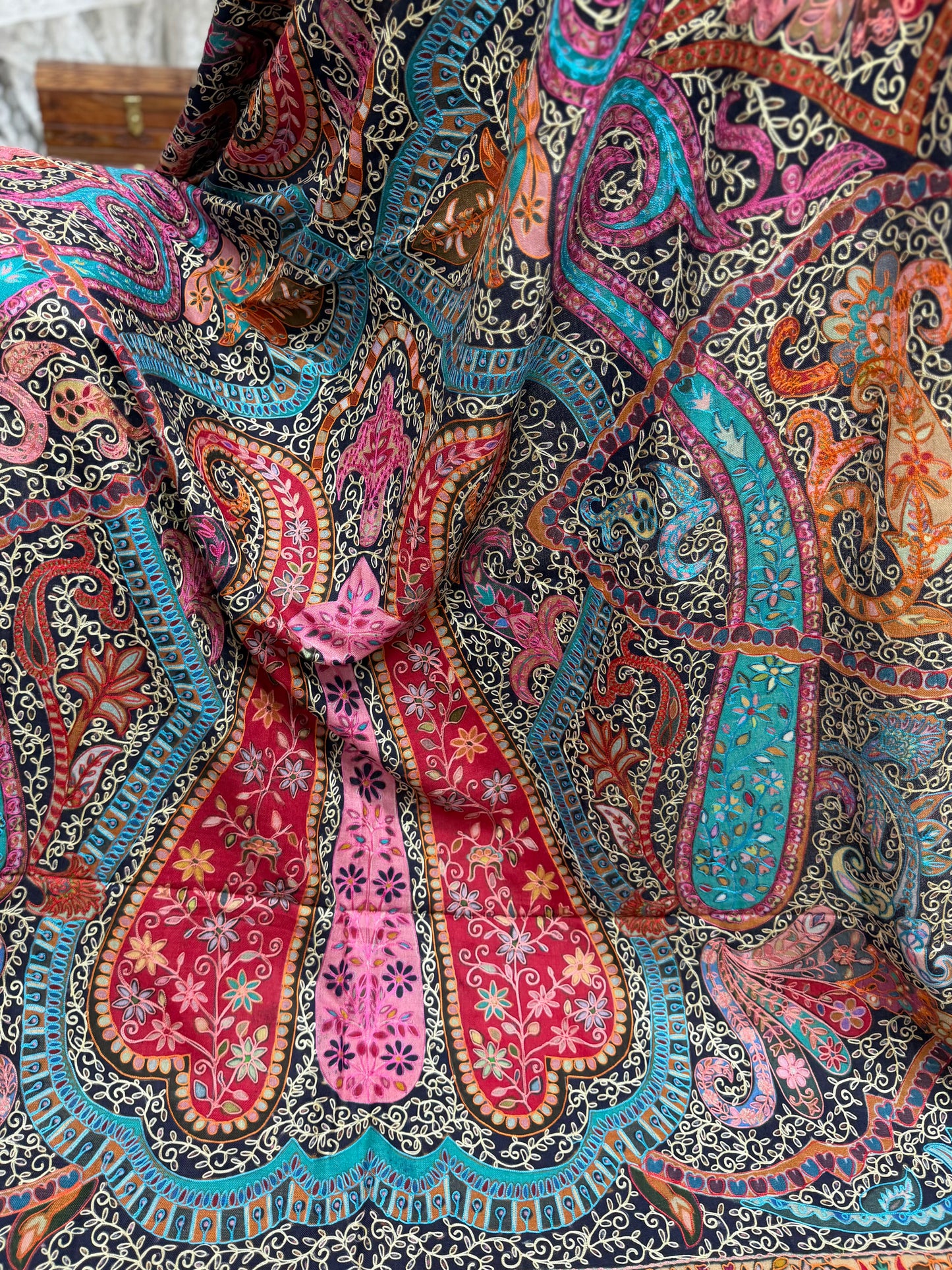 Qalamkar Shawl on Toosh Base | Made in Kashmir Multicolor Floral Design | Q106
