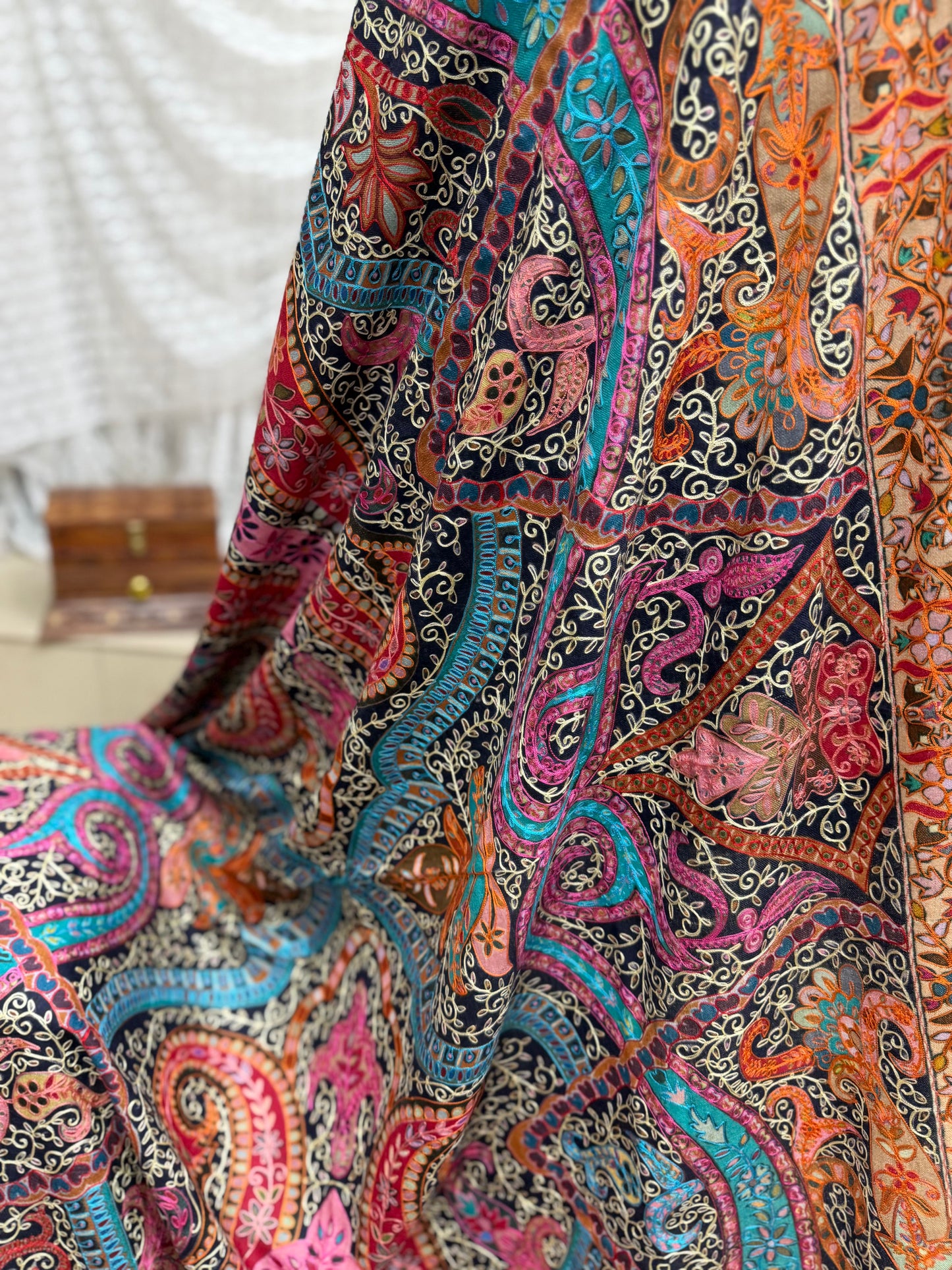 Qalamkar Shawl on Toosh Base | Made in Kashmir Multicolor Floral Design | Q106