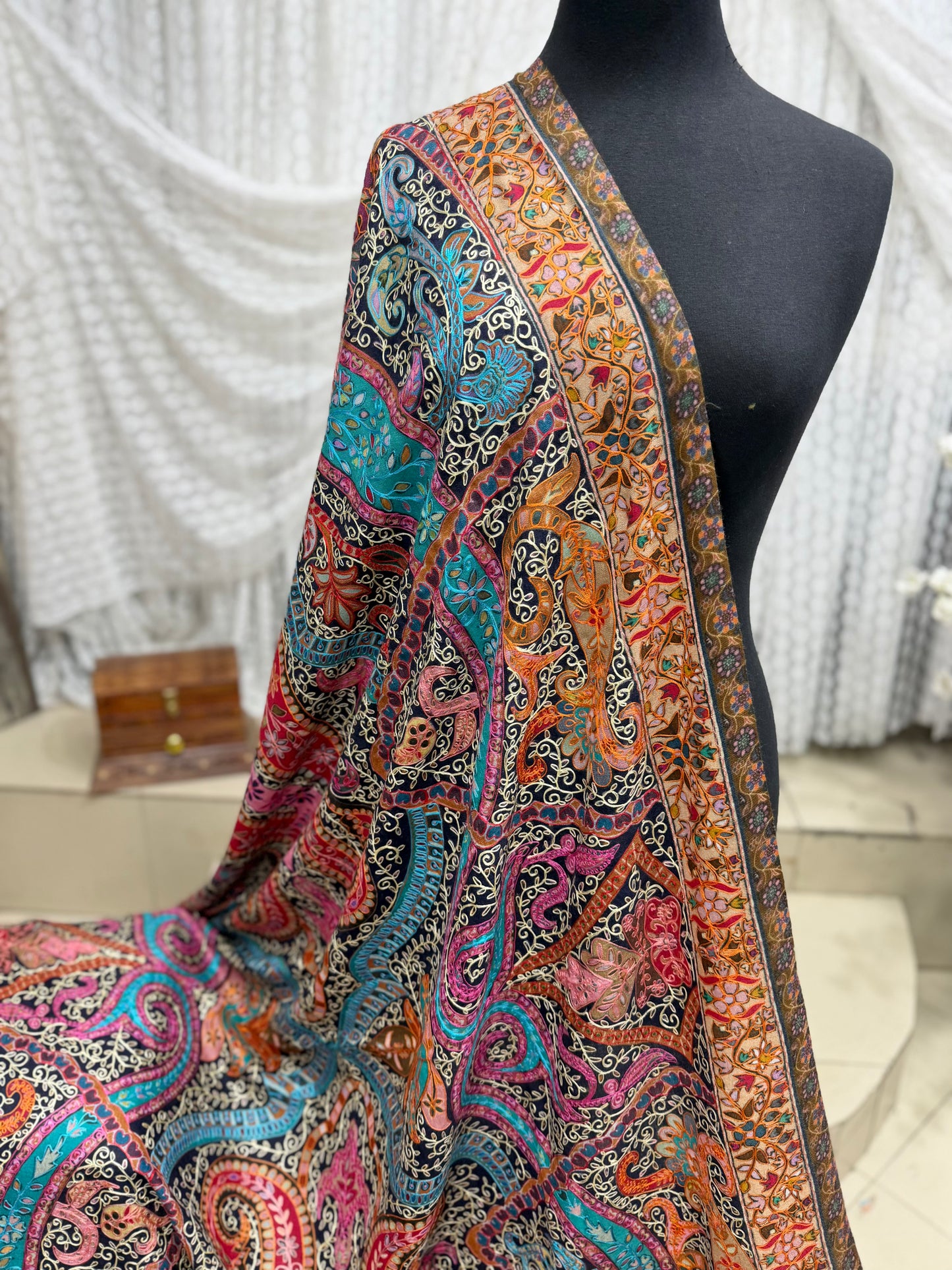 Qalamkar Shawl on Toosh Base | Made in Kashmir Multicolor Floral Design | Q106