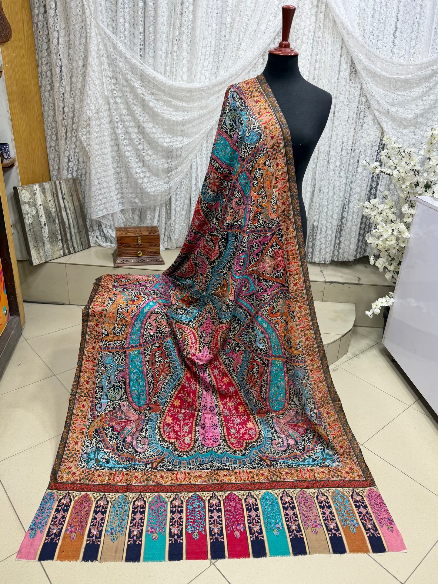 Qalamkar Shawl on Toosh Base | Made in Kashmir Multicolor Floral Design | Q106