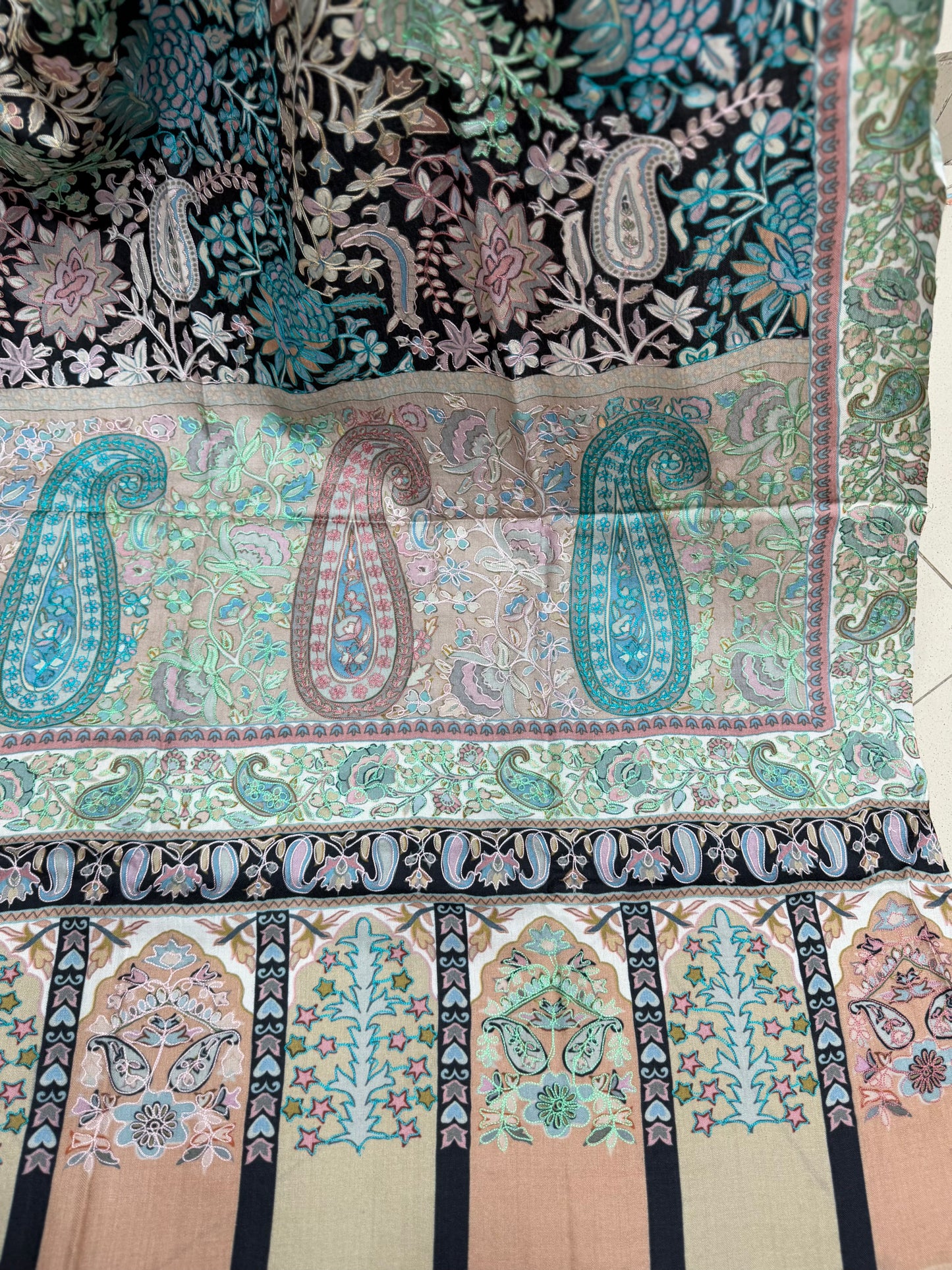 Qalamkar Shawl on Toosh Base | Made in Kashmir Multicolor Floral Design | QM105