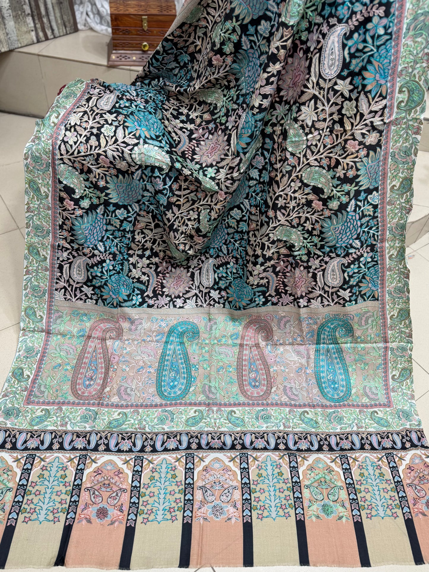 Qalamkar Shawl on Toosh Base | Made in Kashmir Multicolor Floral Design | QM105