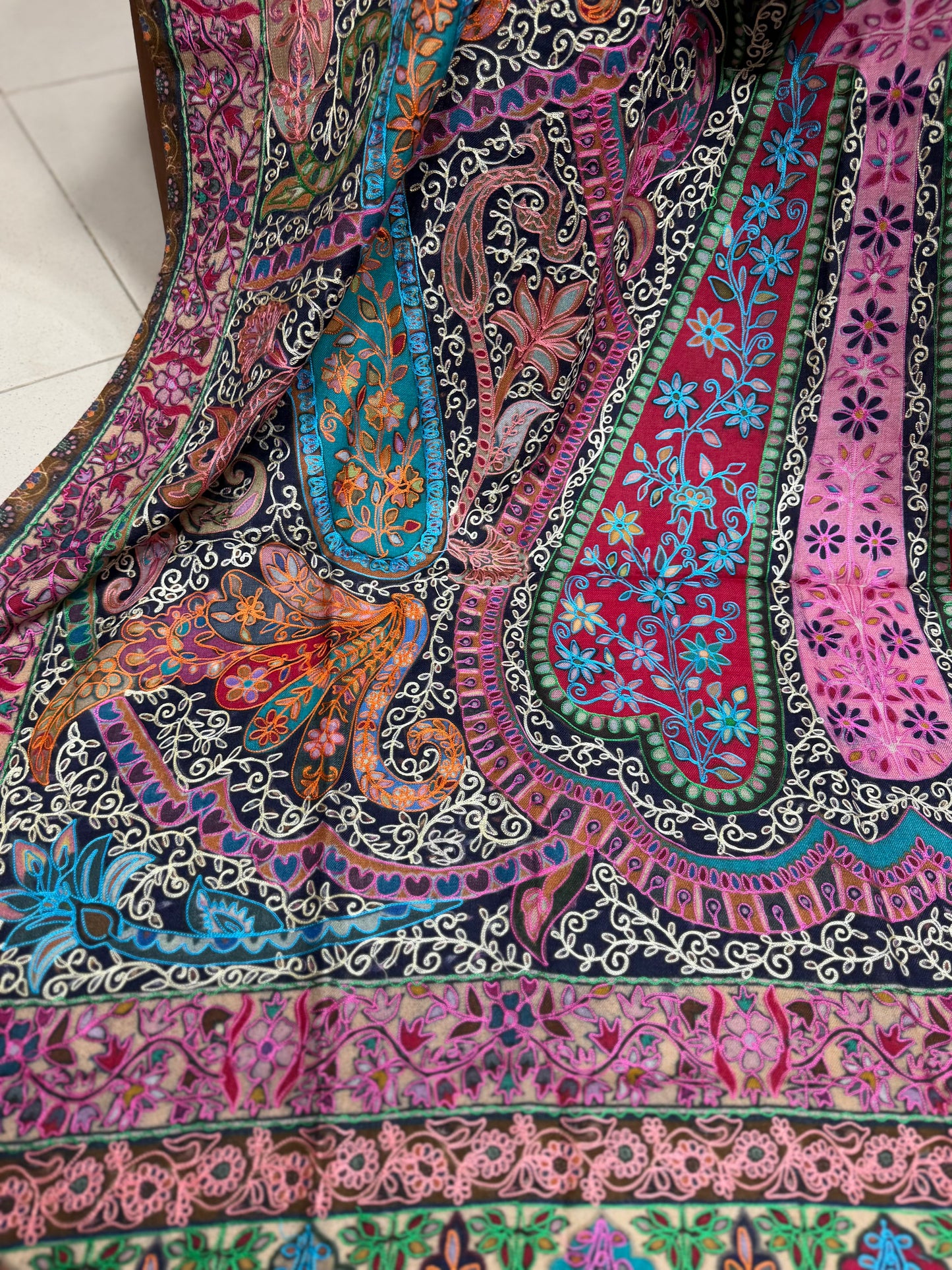 Qalamkar Shawl on Toosh Base | Made in Kashmir Multicolor Floral Design | Q102