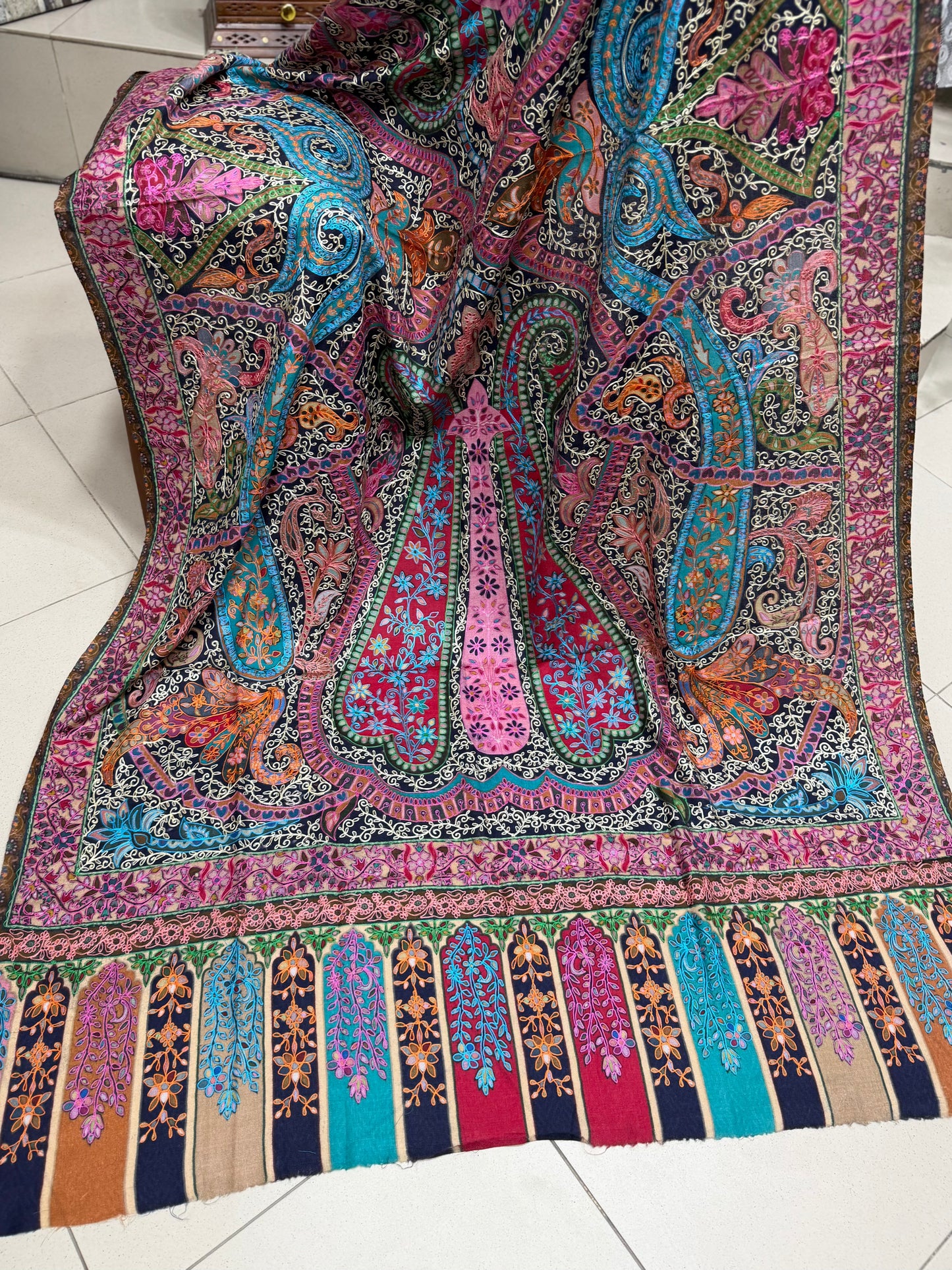 Qalamkar Shawl on Toosh Base | Made in Kashmir Multicolor Floral Design | Q102