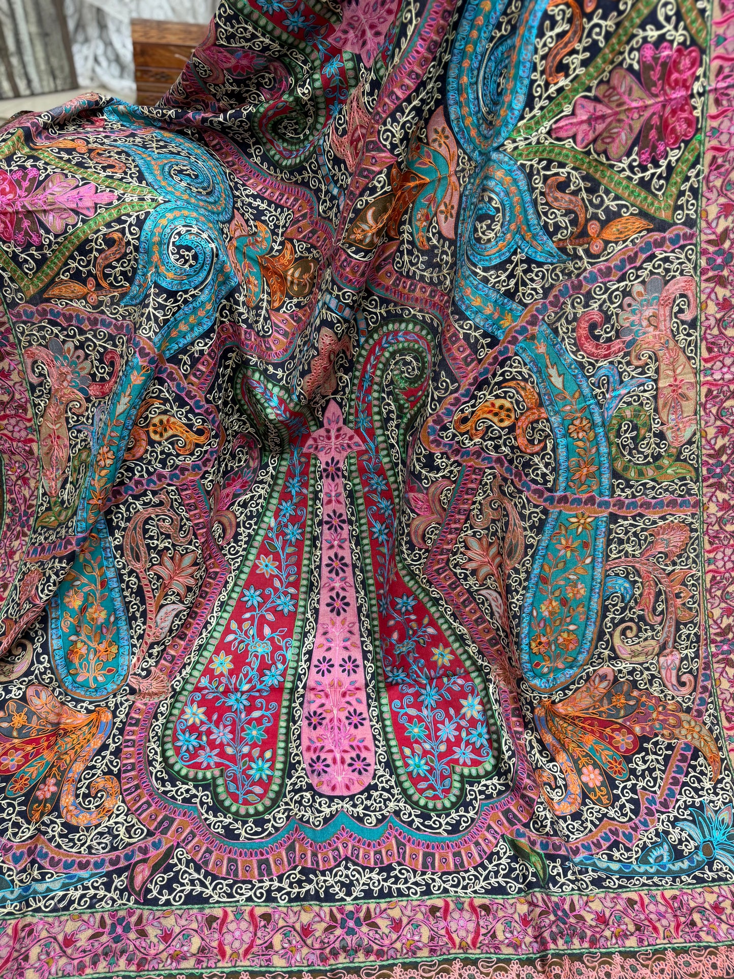 Qalamkar Shawl on Toosh Base | Made in Kashmir Multicolor Floral Design | Q102