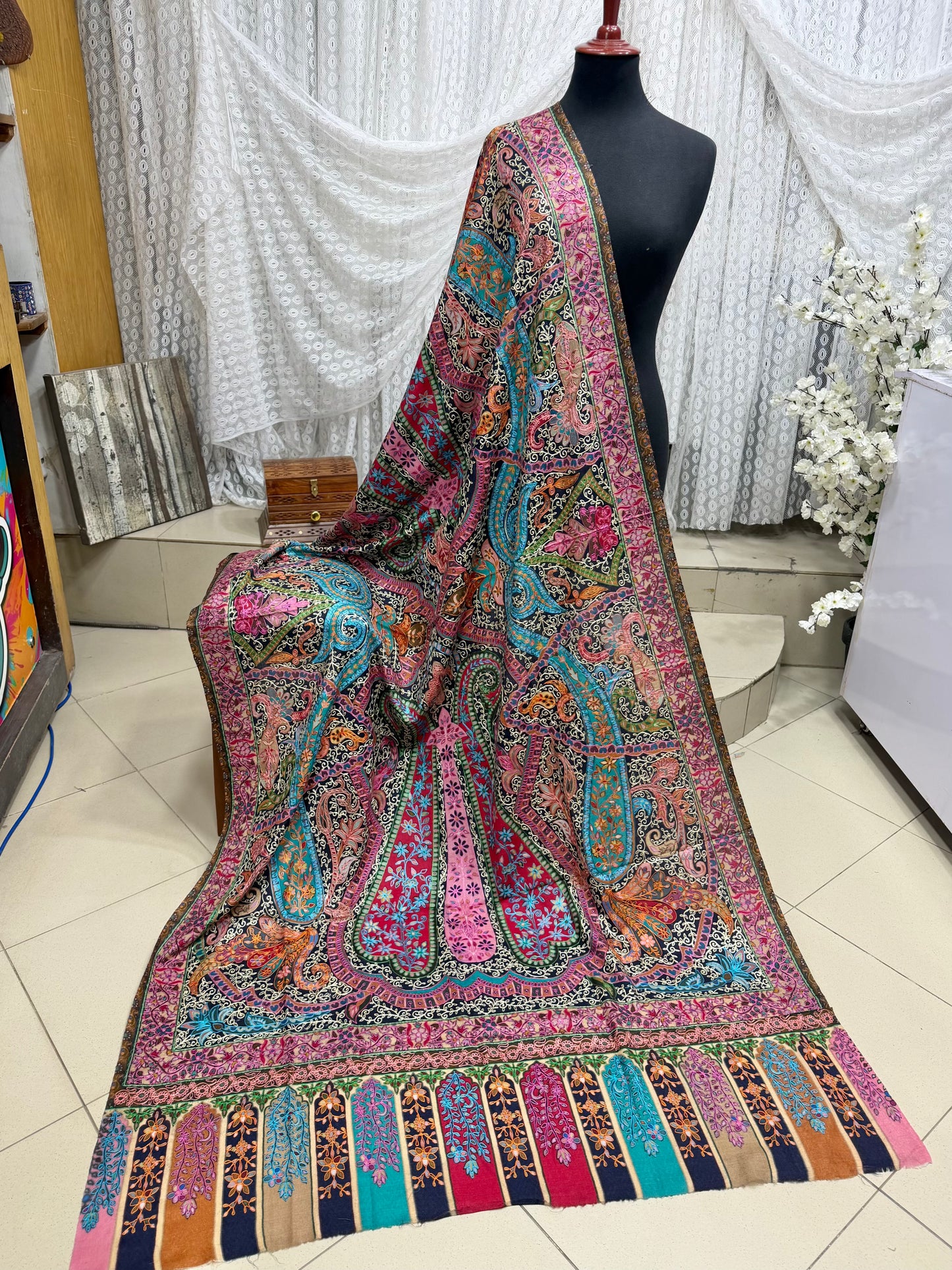 Qalamkar Shawl on Toosh Base | Made in Kashmir Multicolor Floral Design | Q102