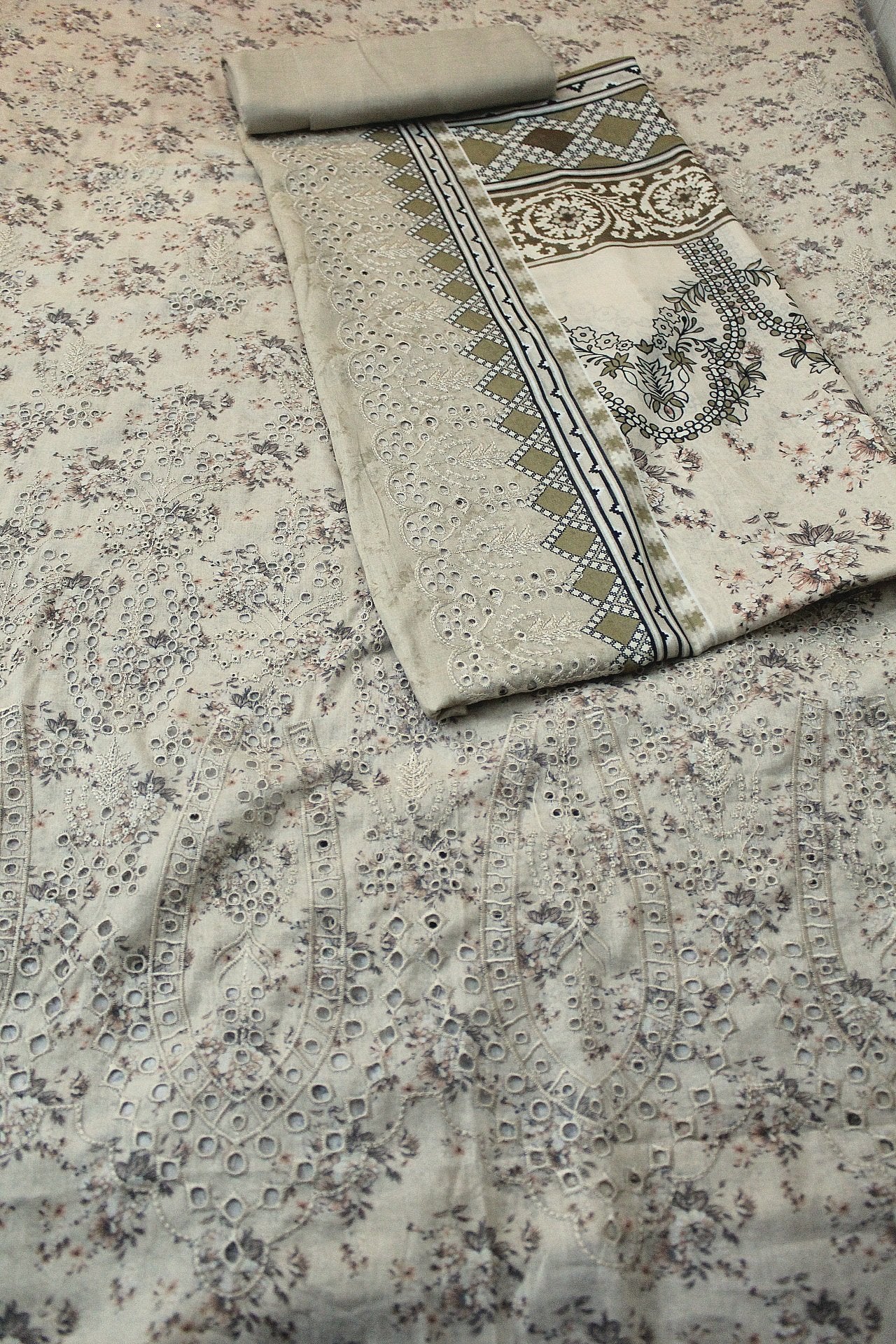 3 Piece Chikankari Suit With Pure Lawn Print Base Chikan Bore | Skin