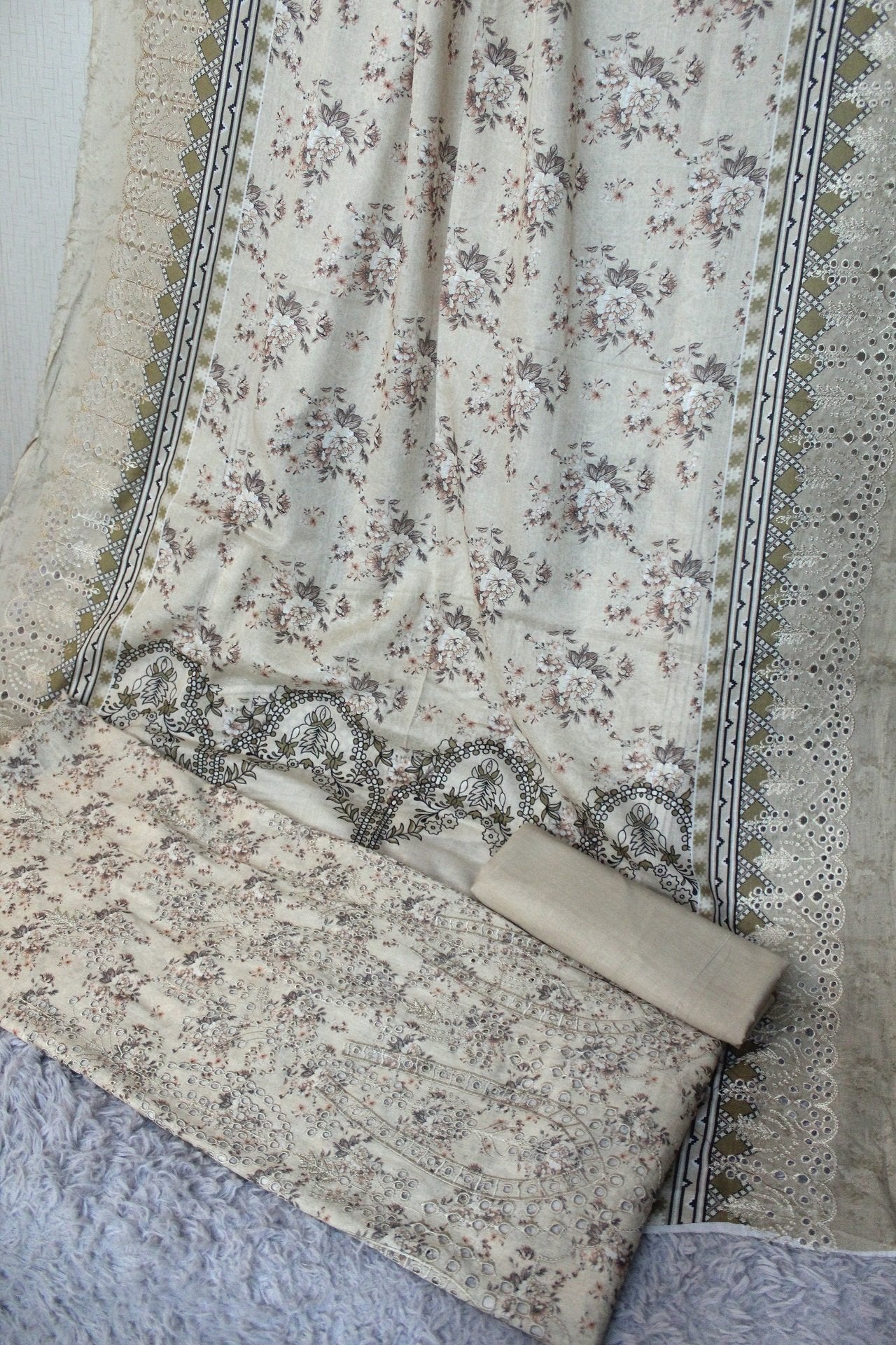 3 Piece Chikankari Suit With Pure Lawn Print Base Chikan Bore | Skin