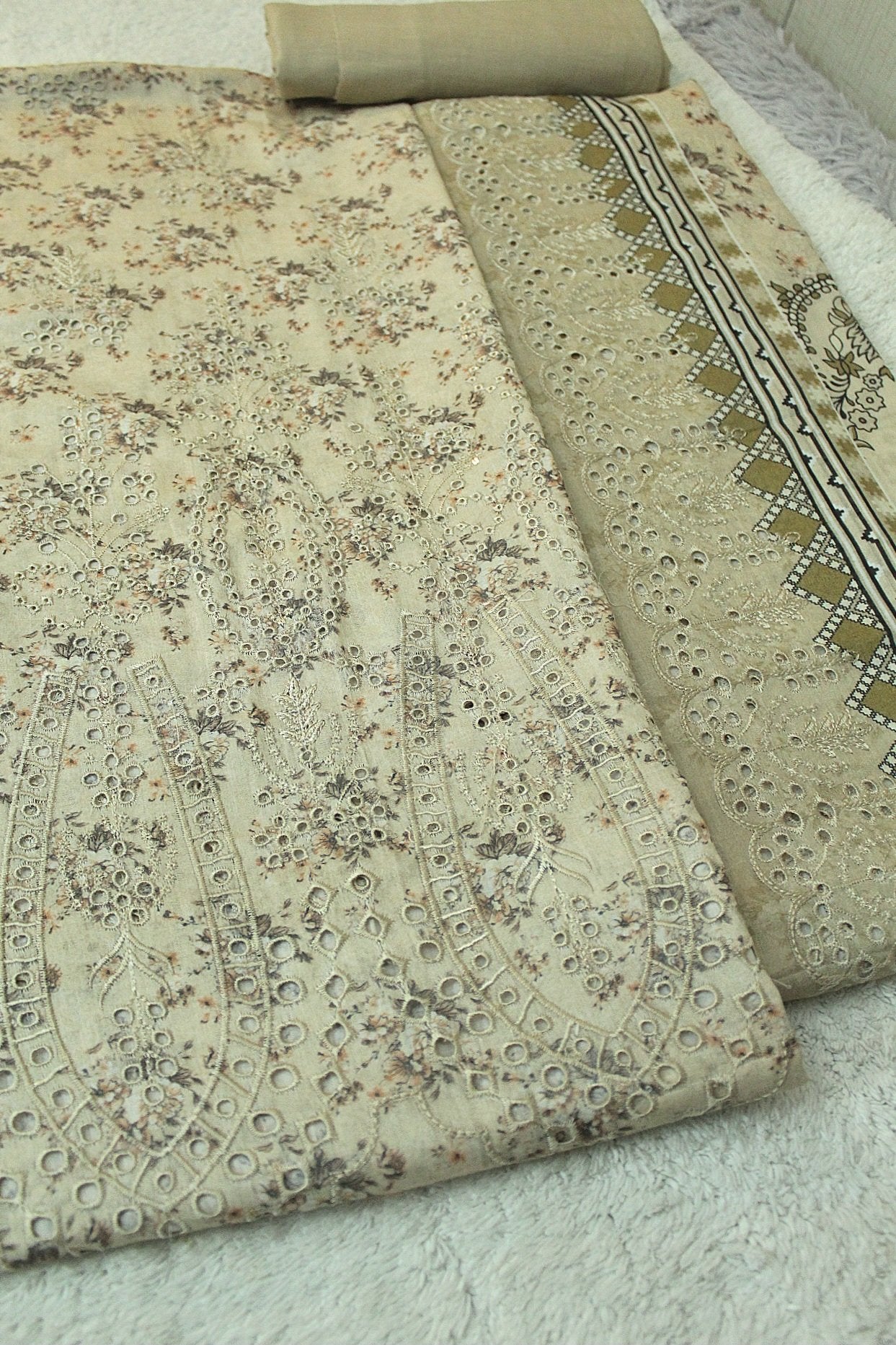 3 Piece Chikankari Suit With Pure Lawn Print Base Chikan Bore | Skin