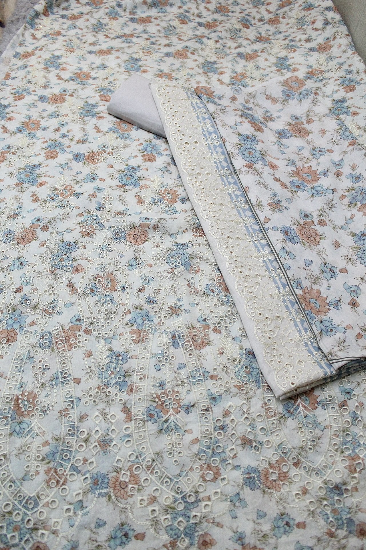 3 Piece Chikankari Suit With Pure Lawn Print Base Chikan Bore