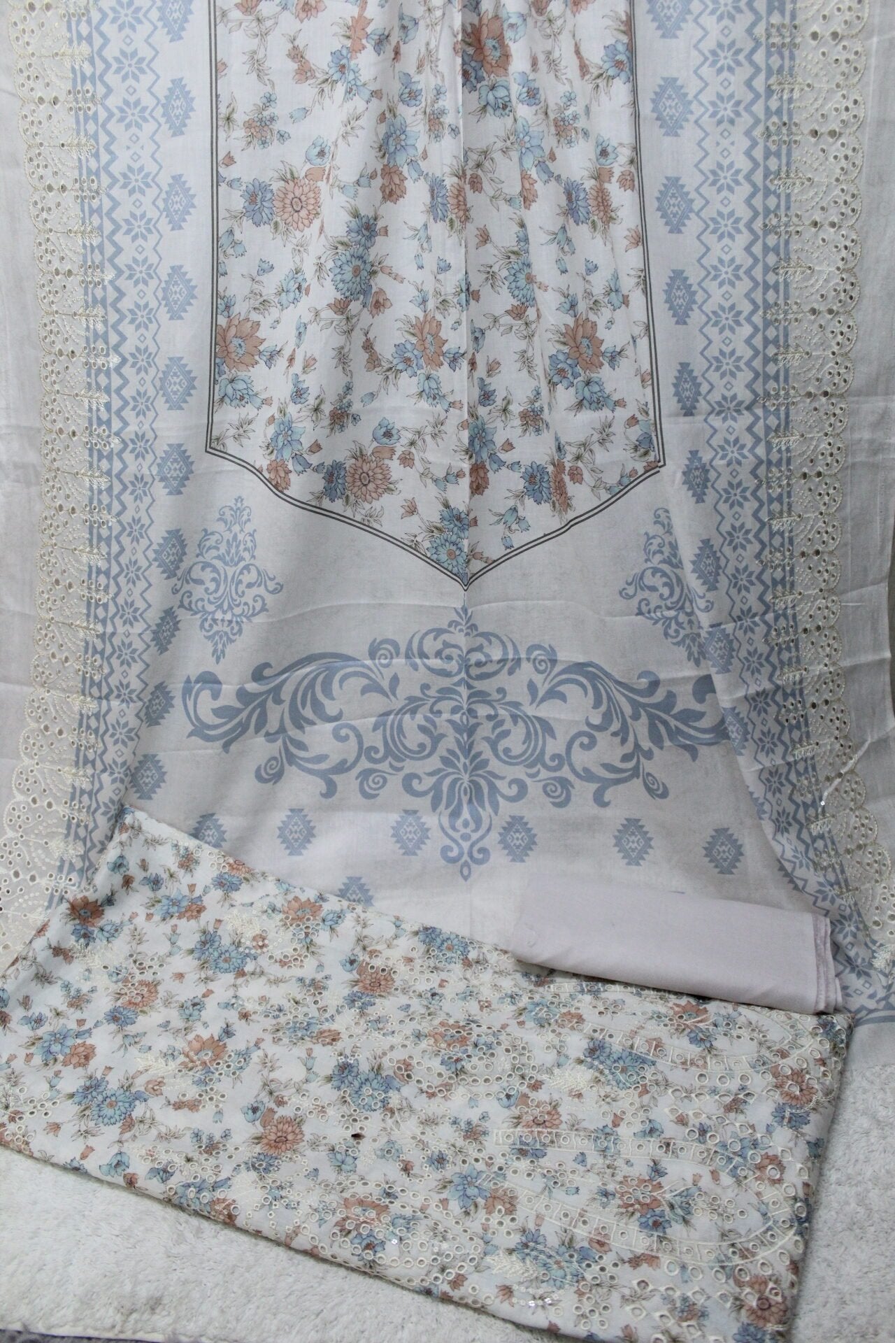 3 Piece Chikankari Suit With Pure Lawn Print Base Chikan Bore