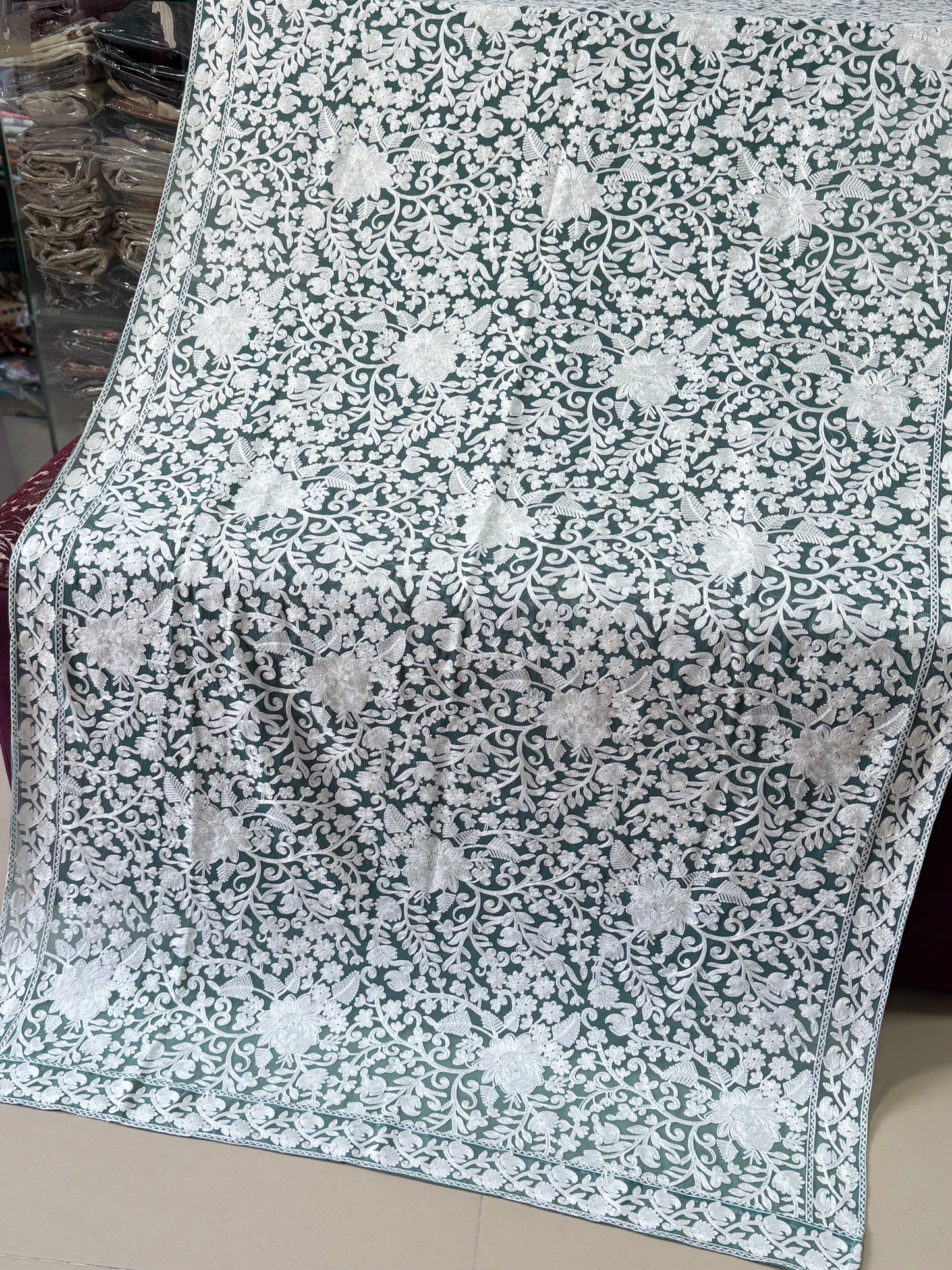 Crinkle Chiffon Kashmiri Gulabkar Embroidered Dupatta | Turquoise