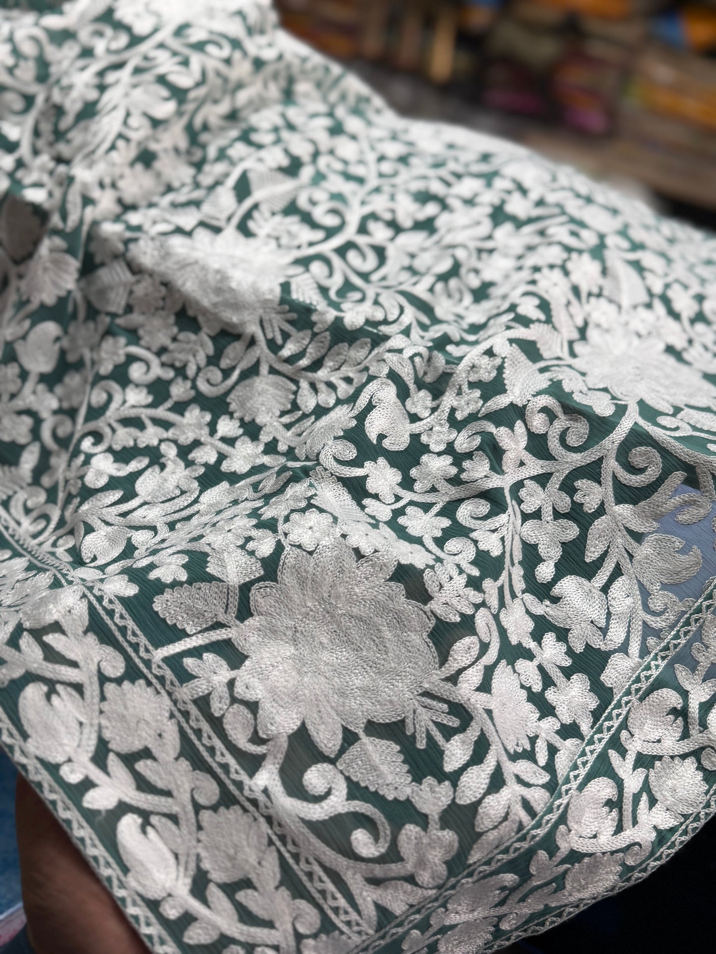 Crinkle Chiffon Kashmiri Gulabkar Embroidered Dupatta | Turquoise