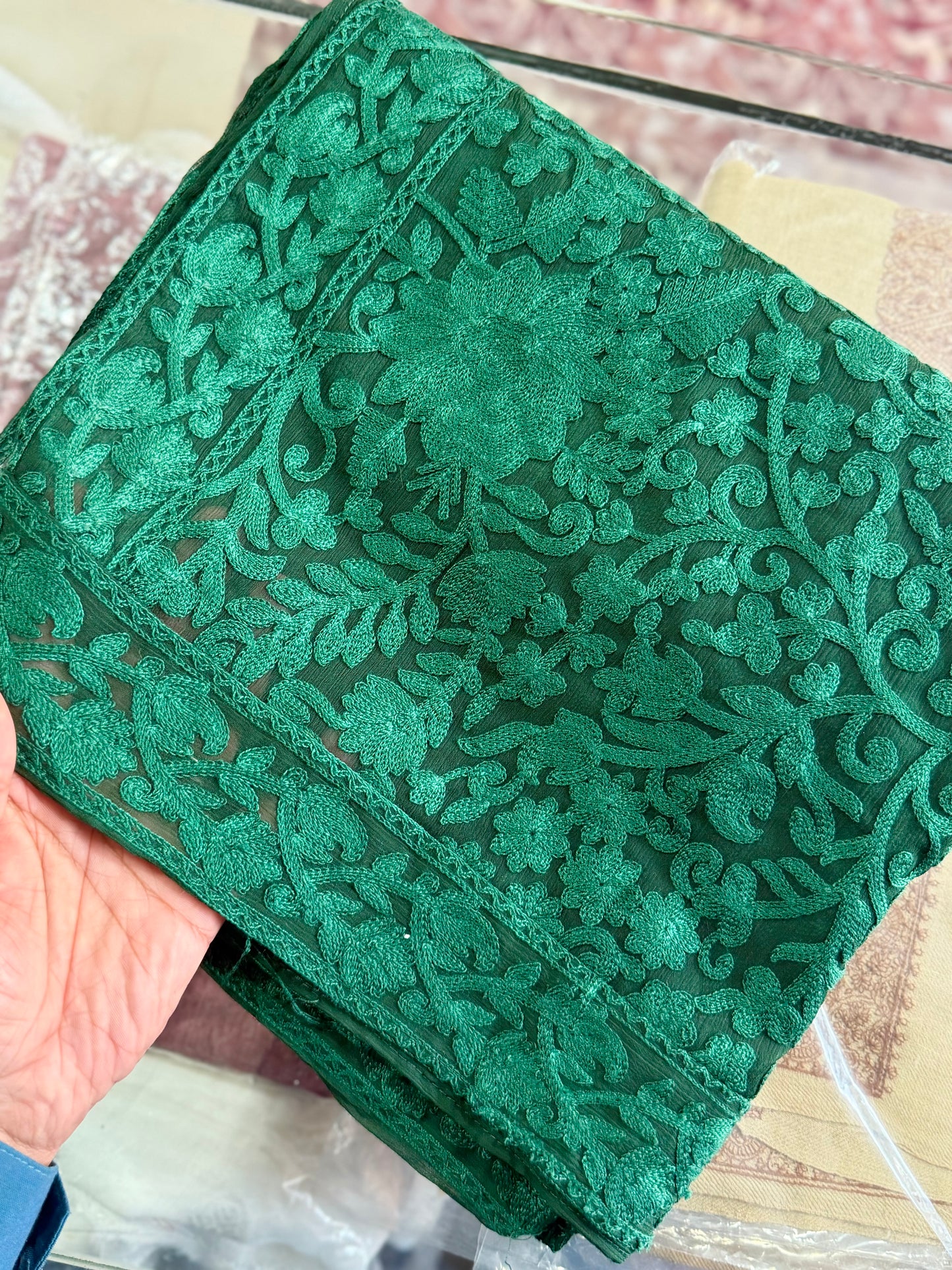 Crinkle Chiffon Kashmiri Gulabkar Embroidered Dupatta | Green