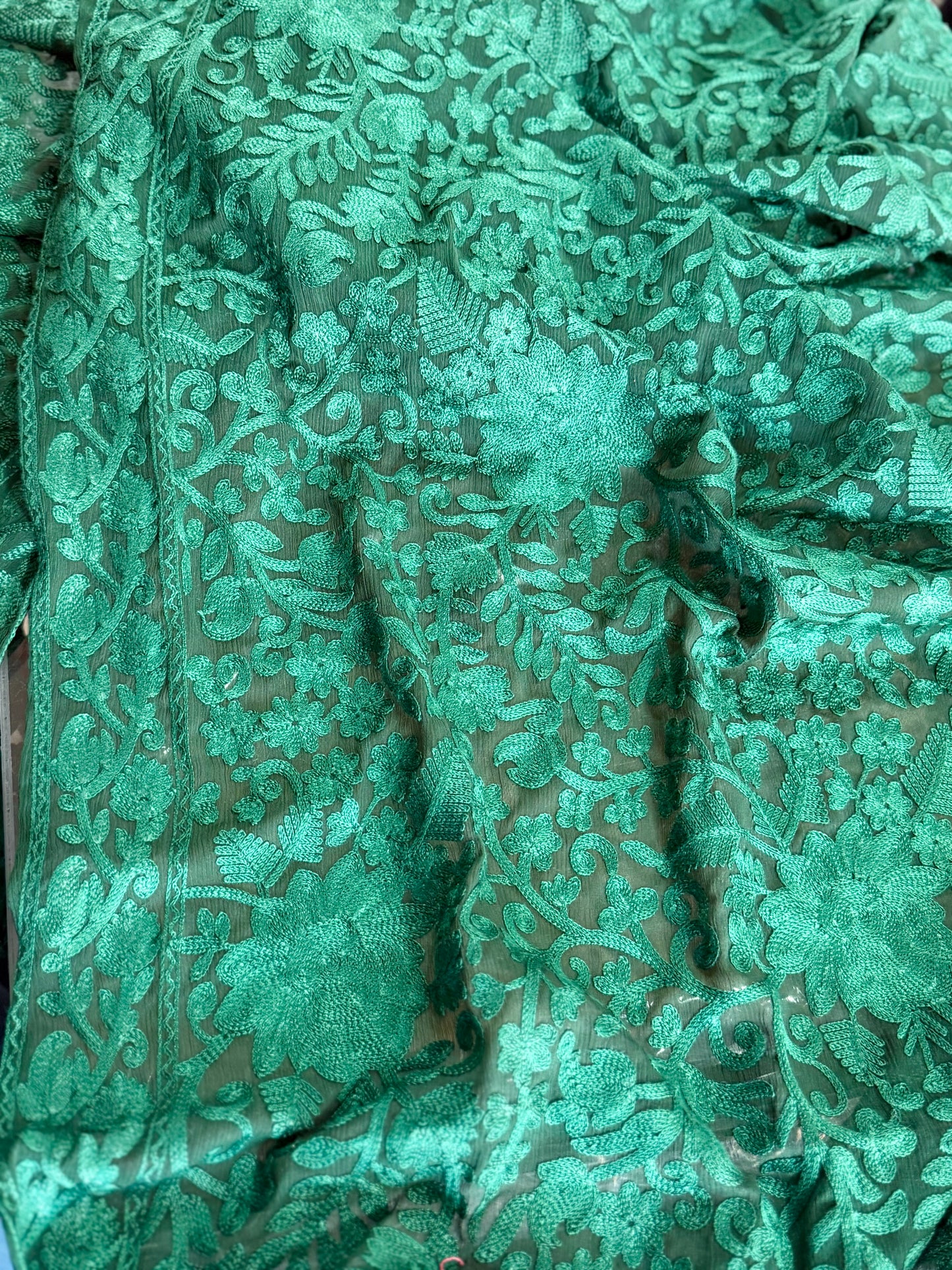 Crinkle Chiffon Kashmiri Gulabkar Embroidered Dupatta | Green