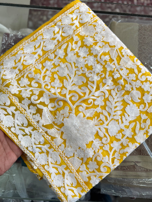 Crinkle Chiffon Kashmiri Gulabkar Embroidered Dupatta | Yellow