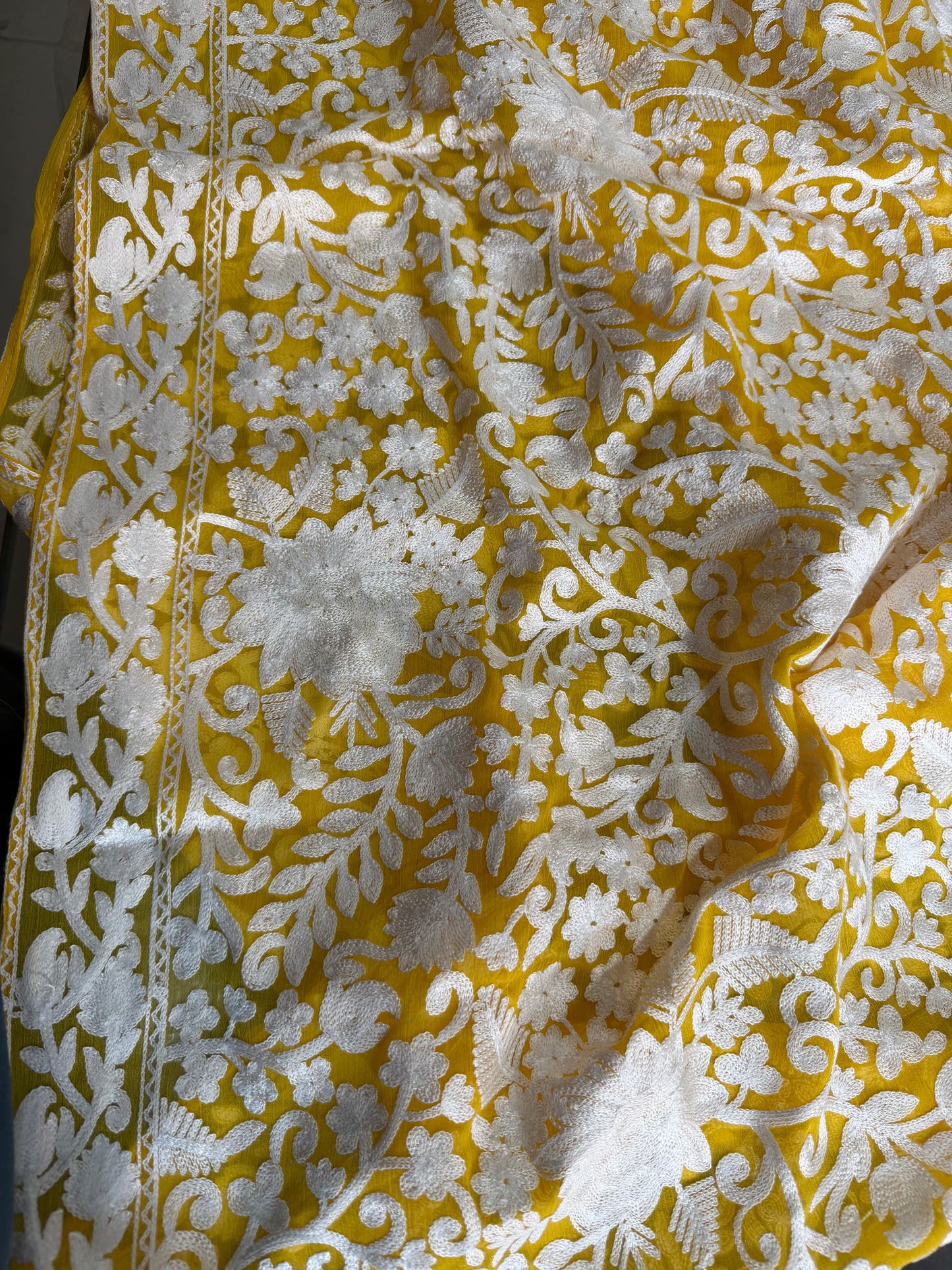 Crinkle Chiffon Kashmiri Gulabkar Embroidered Dupatta | Yellow