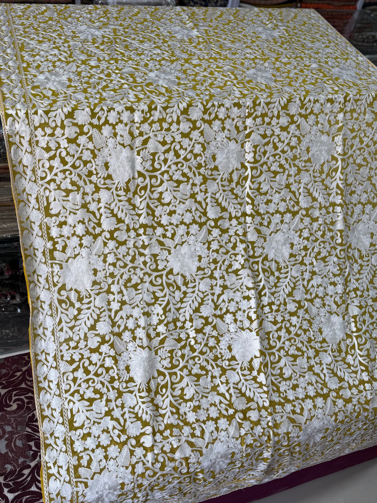 Crinkle Chiffon Kashmiri Gulabkar Embroidered Dupatta | Yellow