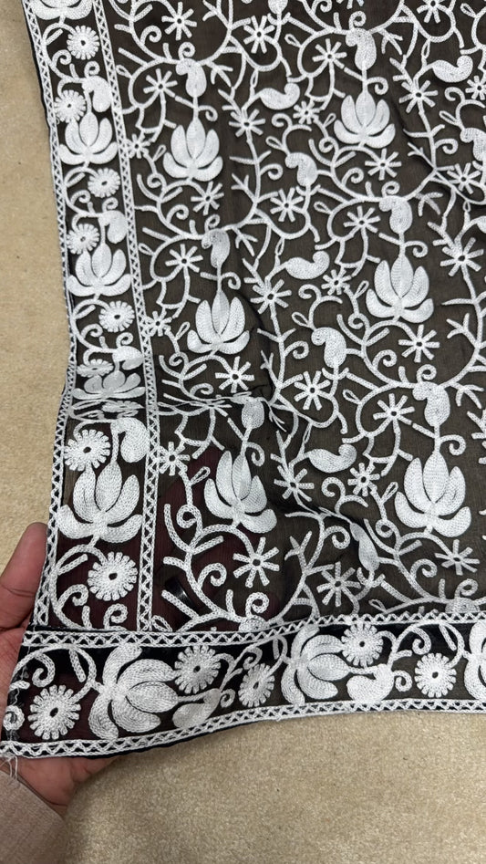 Crinkle Chiffon Kashmiri Jaal Embroidered Dupatta | Black With White