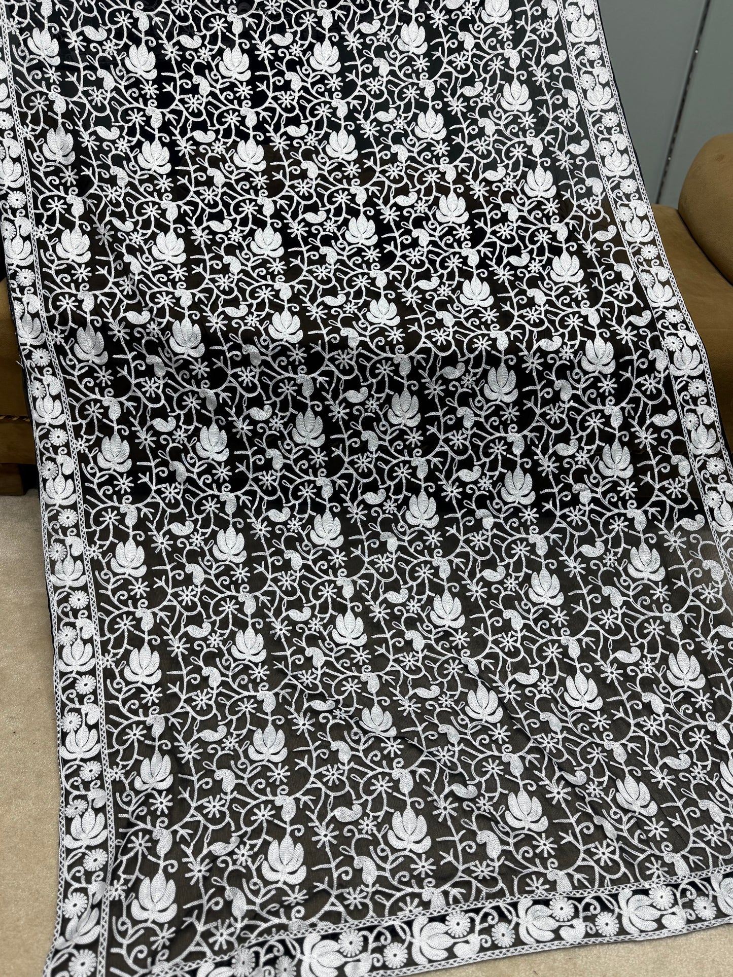 Crinkle Chiffon Kashmiri Jaal Embroidered Dupatta | Black With White