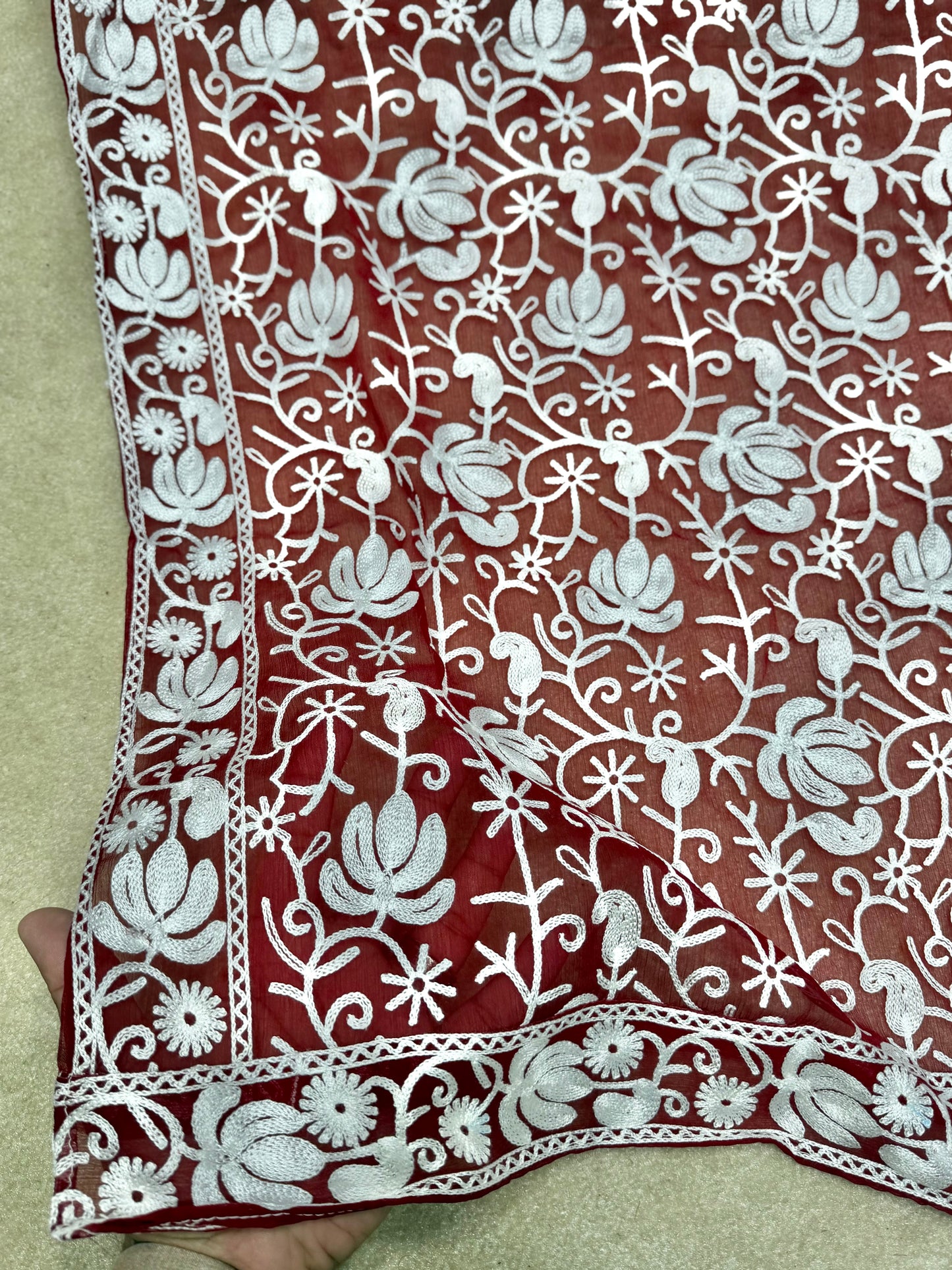 Crinkle Chiffon Kashmiri Jaal Embroidered Dupatta | Maroon With White