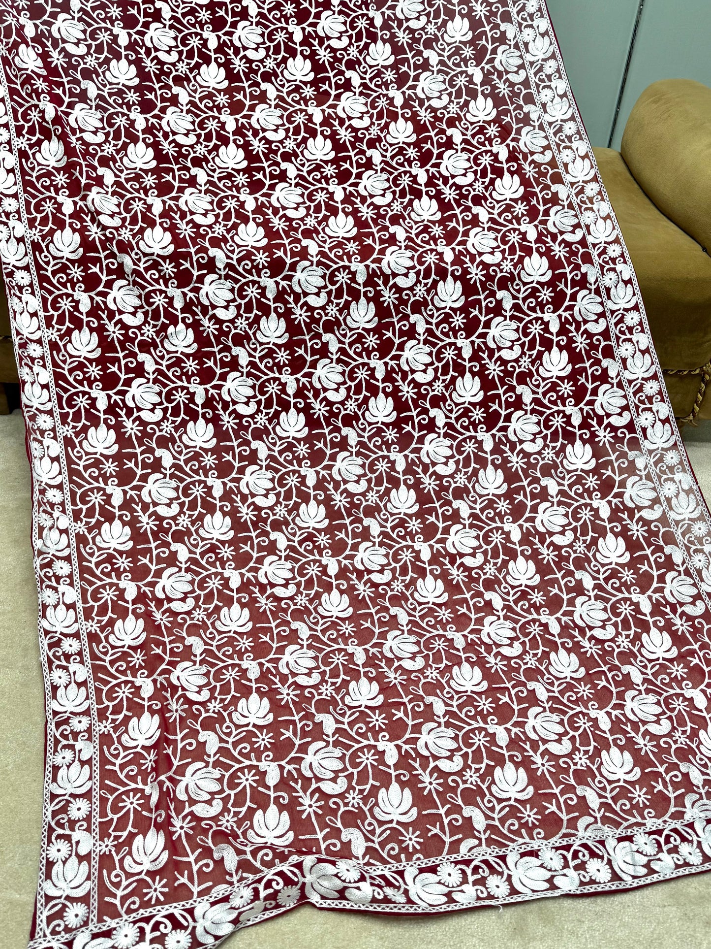 Crinkle Chiffon Kashmiri Jaal Embroidered Dupatta | Maroon With White