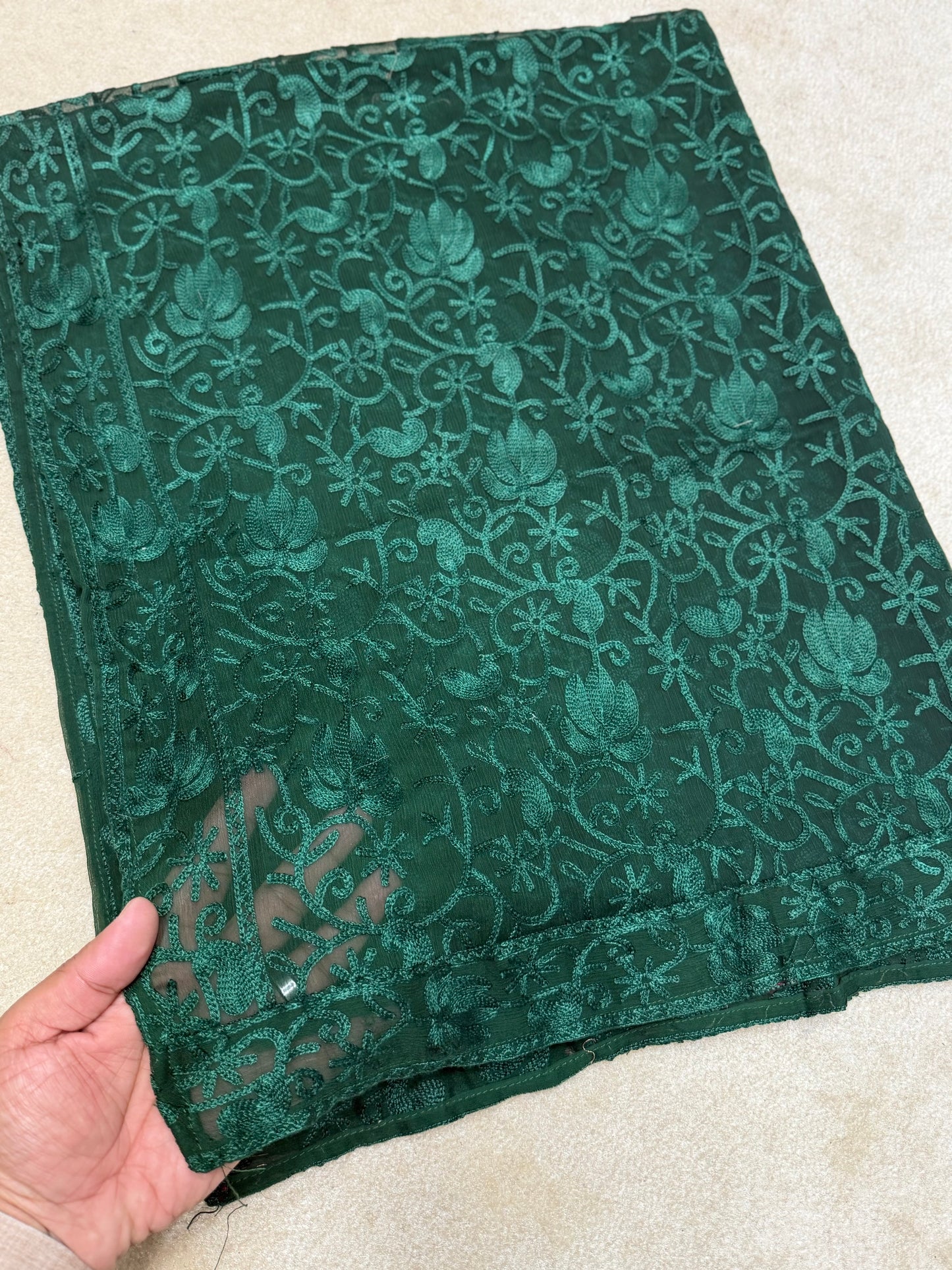 Crinkle Chiffon Kashmiri Jaal Same Color Embroidered Dupatta | Dark Green