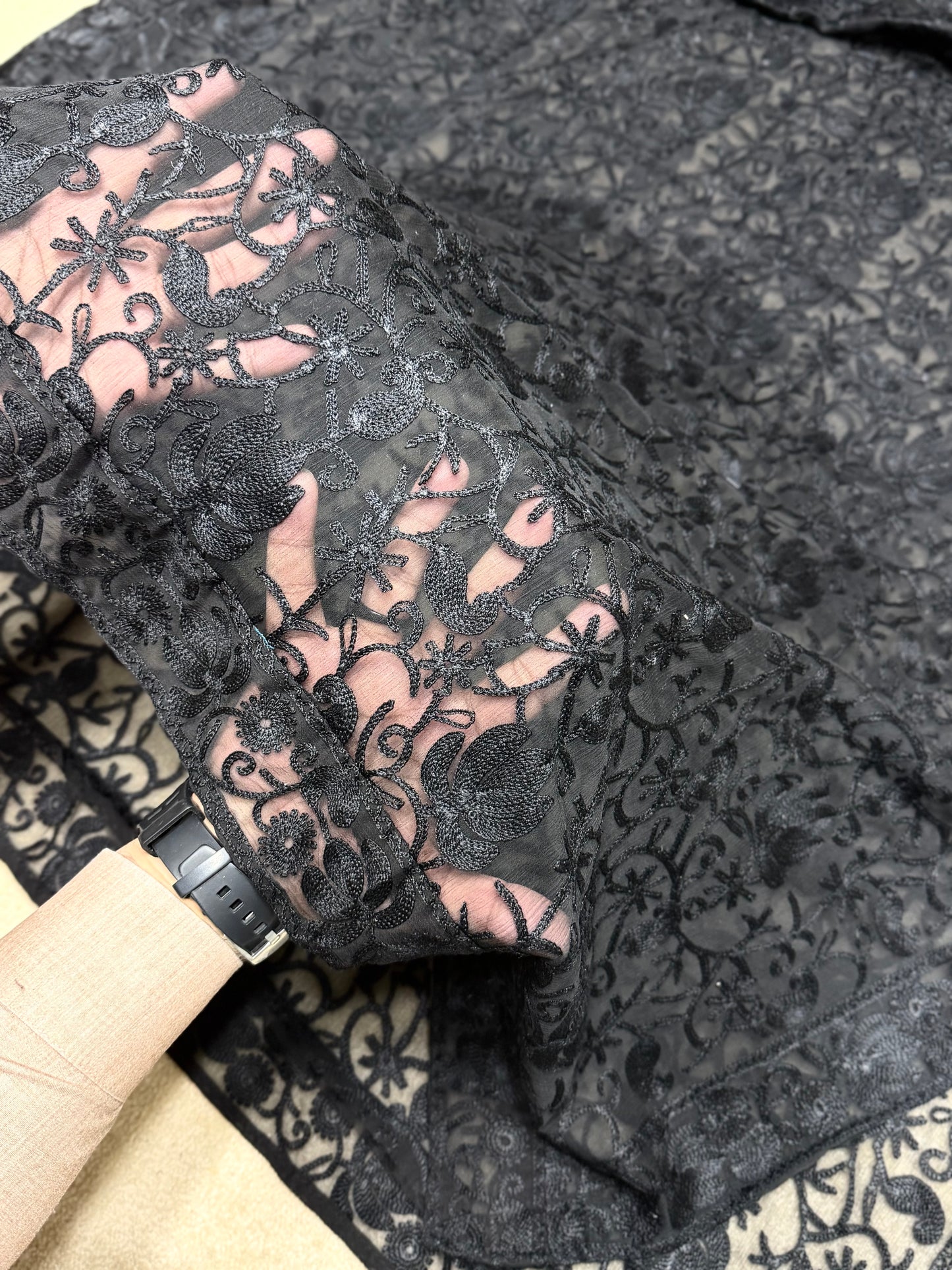 Crinkle Chiffon Kashmiri Jaal Same Color Embroidered Dupatta | Black