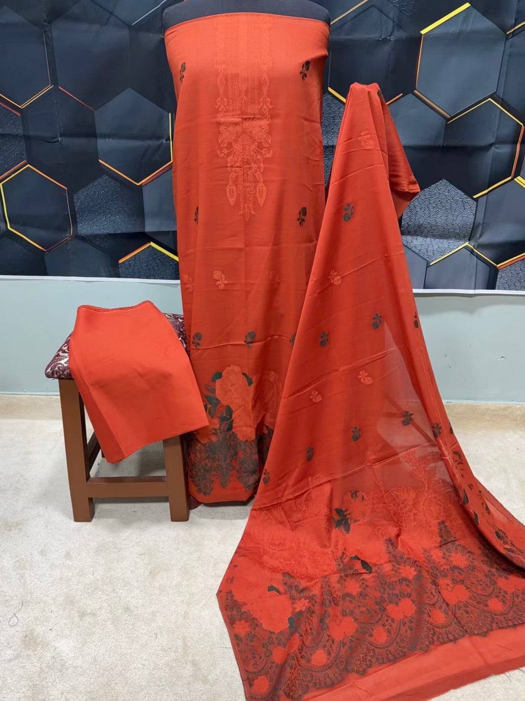 3 Piece Lawn Kani Suit With Same Lawn Dupatta | Rust