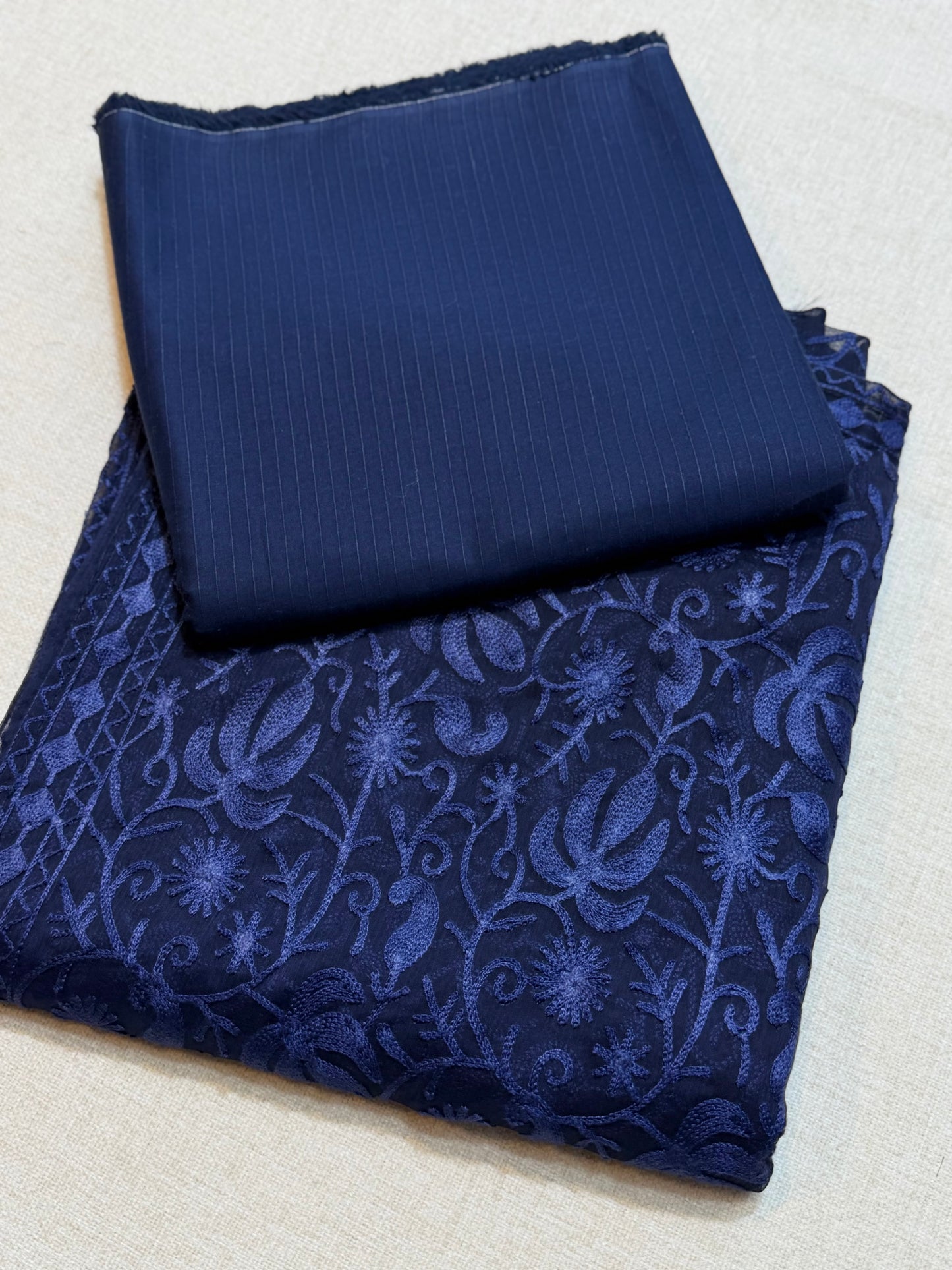 3 Piece Doria Lawn Suit With Chiffon Embroidered Dupatta | Navy Blue