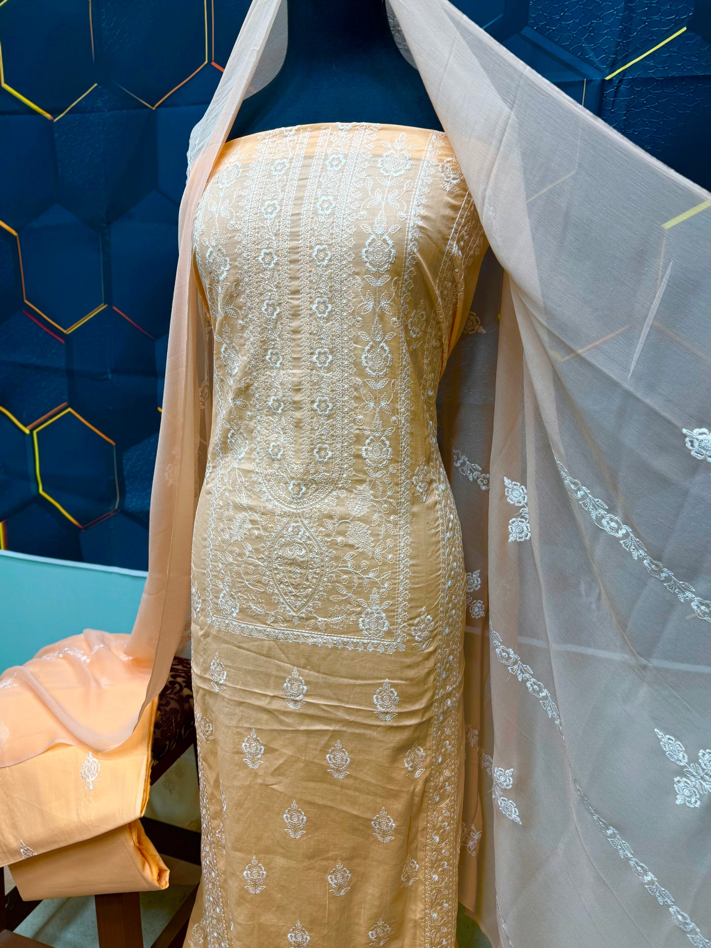 3 Piece Embroidered Lawn Suit With Chiffon Dupatta | Peach