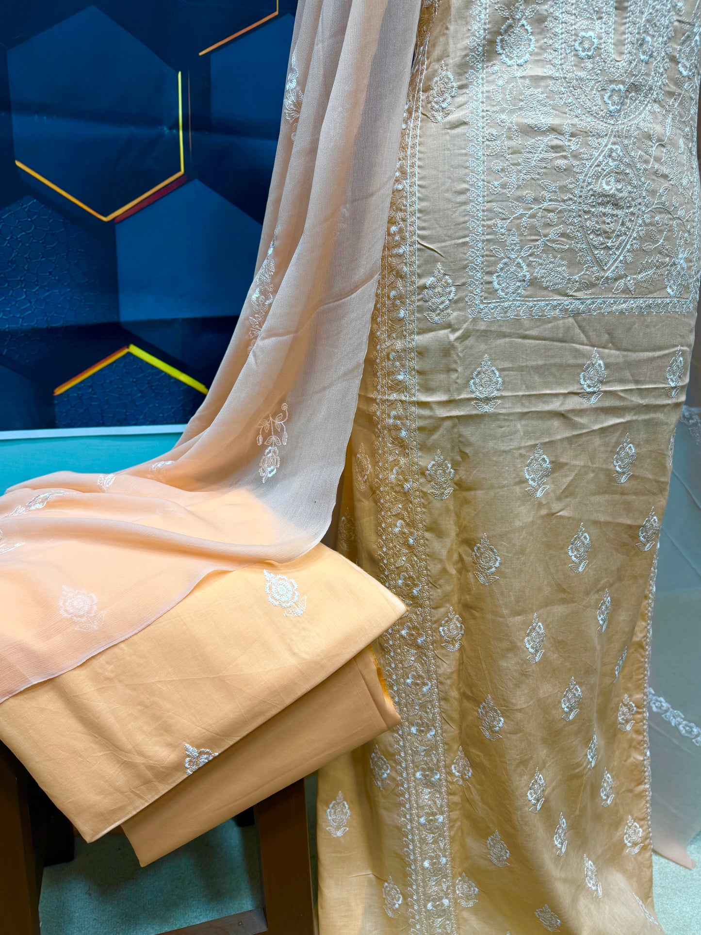 3 Piece Embroidered Lawn Suit With Chiffon Dupatta | Peach