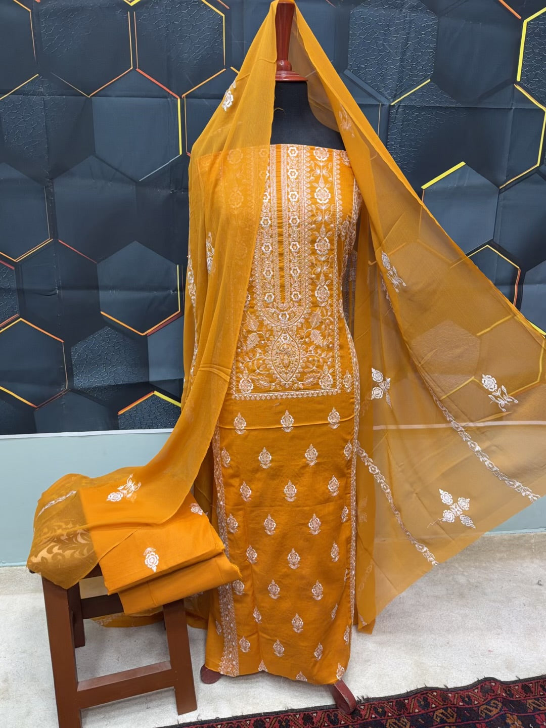 3 Piece Embroidered Lawn Suit With Chiffon Dupatta | Mustard