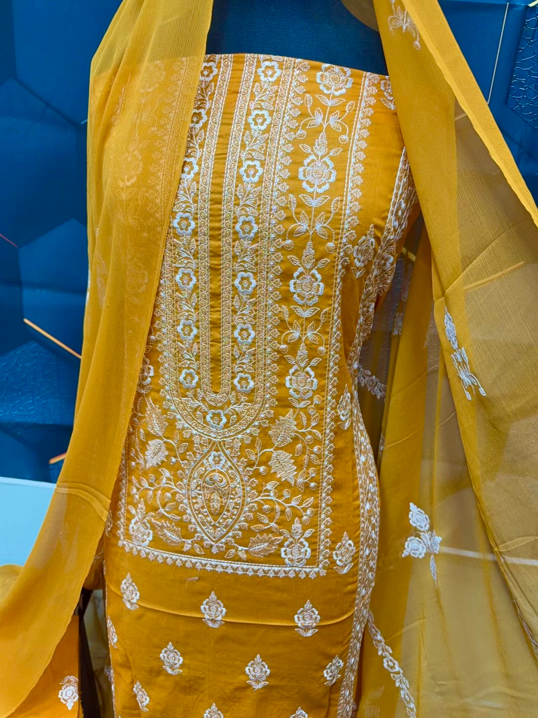 3 Piece Embroidered Lawn Suit With Chiffon Dupatta | Mustard