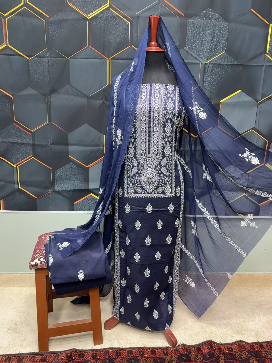3 Piece Embroidered Lawn Suit With Chiffon Dupatta | Navy Blue